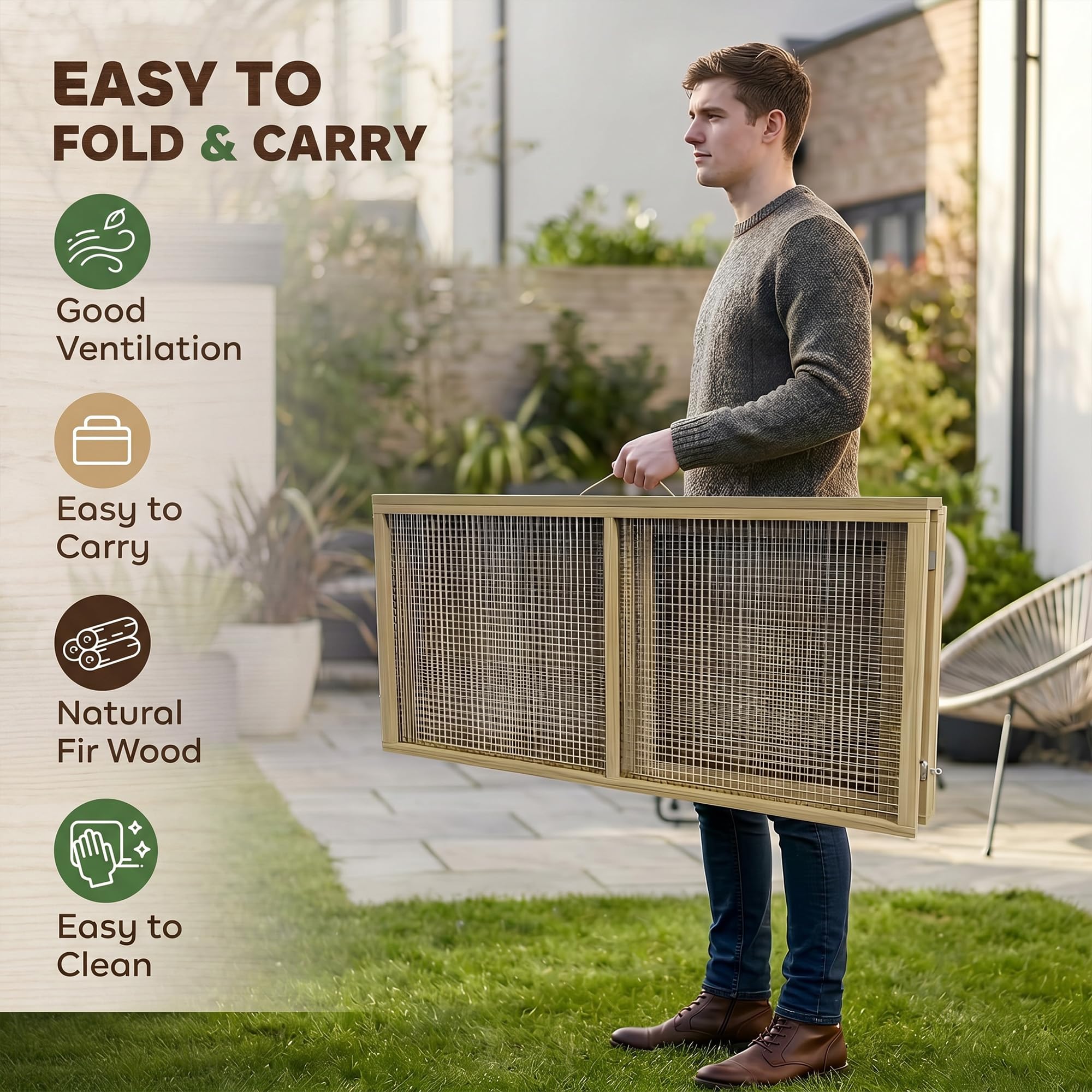 PawHut Enclos Lapin Extérieur Pliable avec Toit Ouvrant Total - Cage Lapin Intérieur Bois Robuste avec Poignée et Sol sans Fond - Parc Lapin 1,44㎡ pour 2-3 Cochons d'Inde 120x120x57cm, Naturel