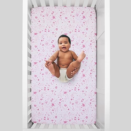 Miniatura 3 de Disney Princess - Sábana bajera ajustable para cuna, diseño de castillo blanco y rosa, corazones y estrellas, rosa, blanco