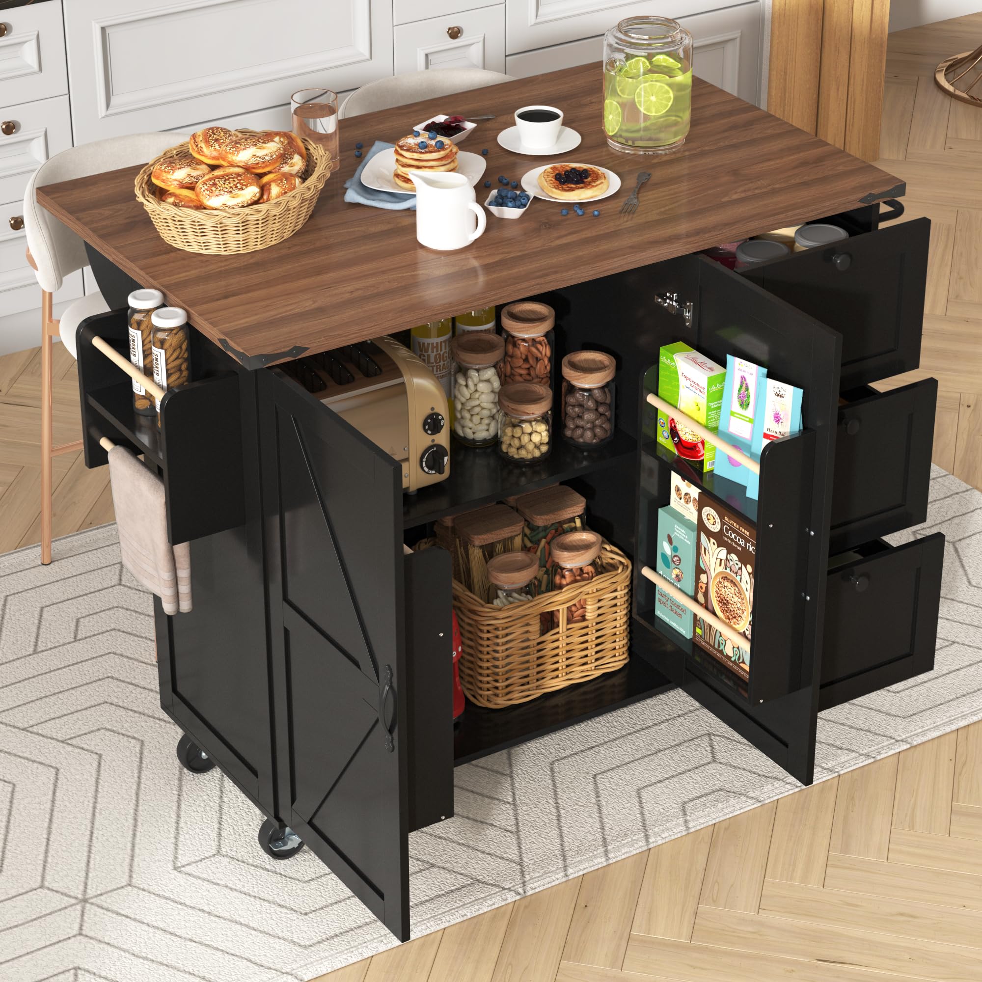 Isola da cucina, carrello da portata con piano di lavoro estraibile, mobile da cucina, carrello da cucina con venature del legno, carrello da pranzo con due ante e tre cassetti (nero)