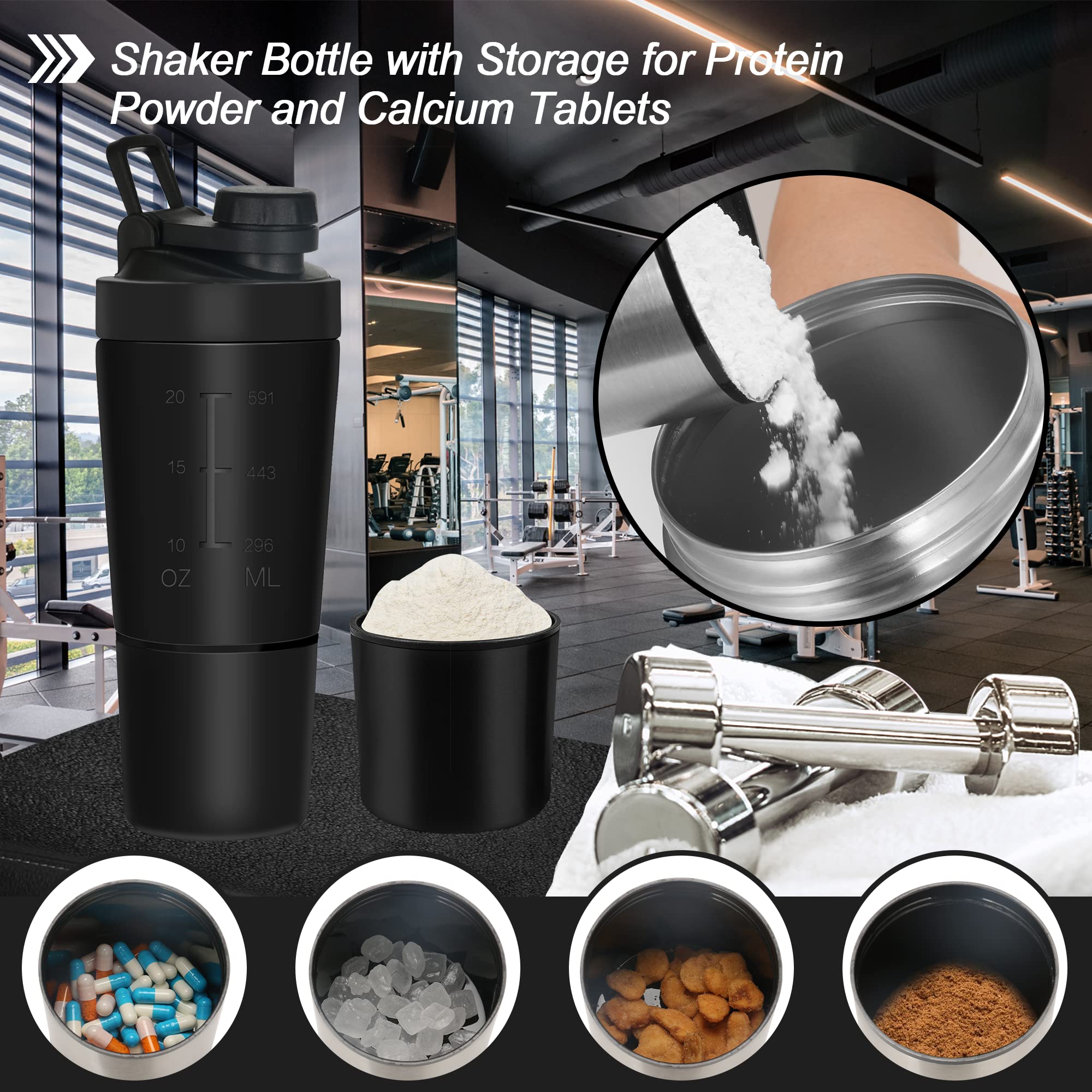 ROCKY&CHAO Shaker proteico in acciaio inox, 700 + 200 ml, con scomparto per polvere, per sport e fitness, albume d'uovo, bottiglia con coperchio a bottone, colore nero