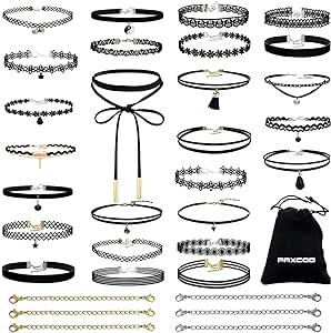 PAXCOO 32 PCS Choker Necklaces Set Including 26 Pcs Black Choker Necklaces and 6 Pcs Extender Chains for Women Girls