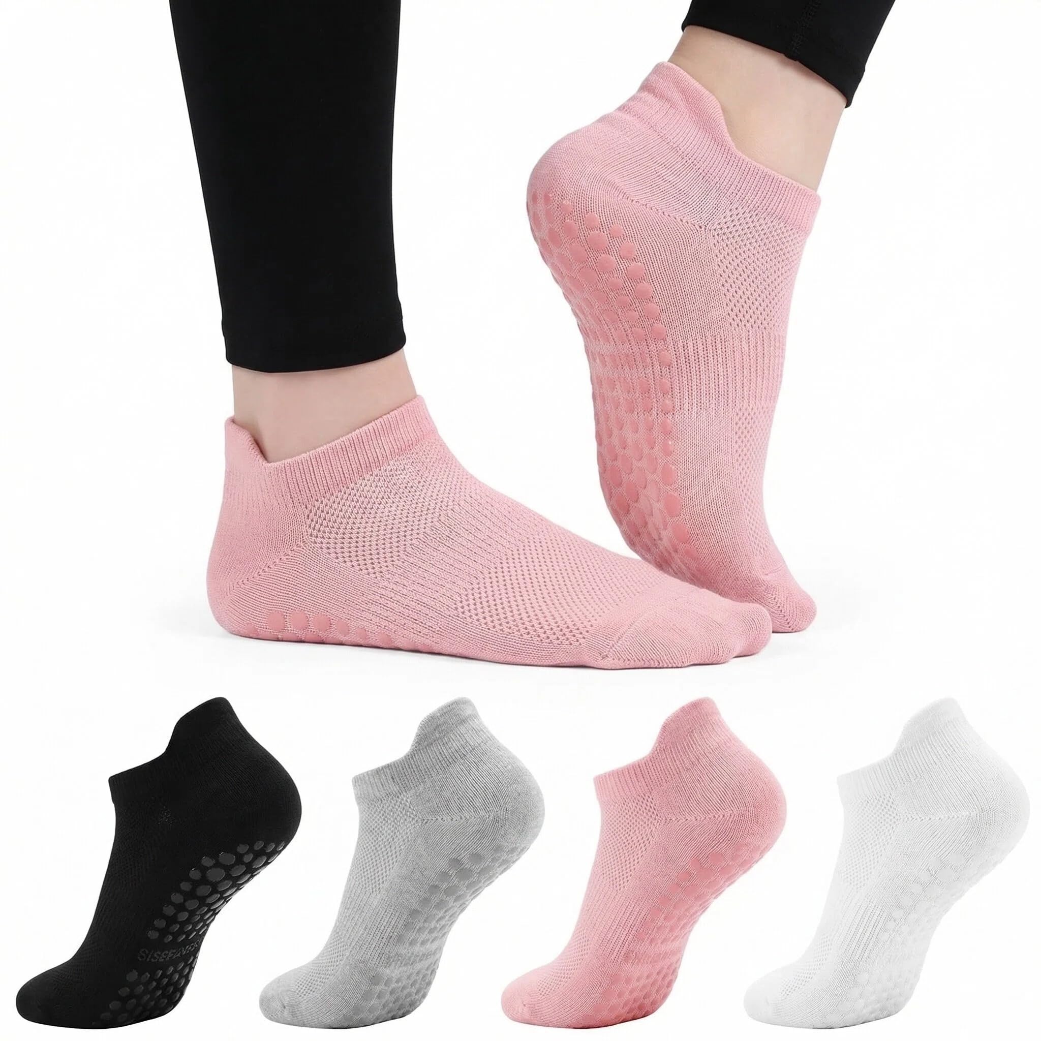 Qiansse Women's Multicolor ’S Pilates Grip Socks, 4 Pairs Non Slip Yoga Socks With Silicone Grips For Barre Reformer Pilates Ballet Gym Home Workout Grippy Socks For