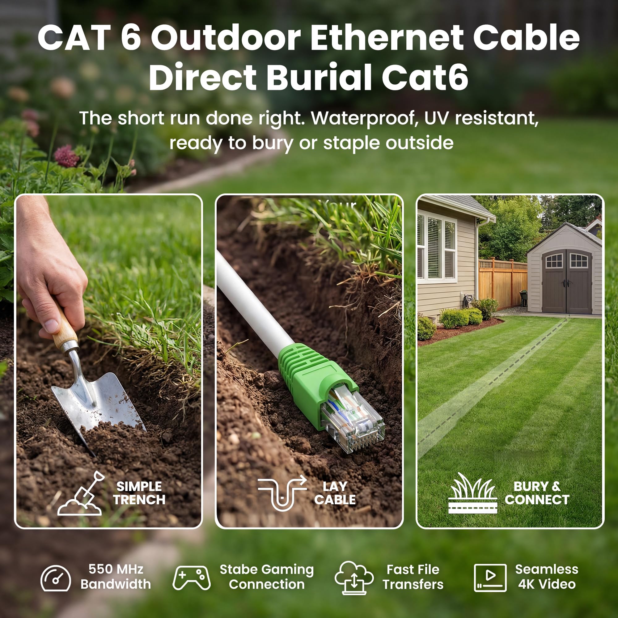 GearIT Cable Ethernet Cat6 para exteriores (50 pies) 23AWG cobre puro, FTP, LLDPE, impermeable, entierro directo, en tierra, resistente a los rayos UV, POE, red, LAN, Internet, Cat 6, cable Cat6-50