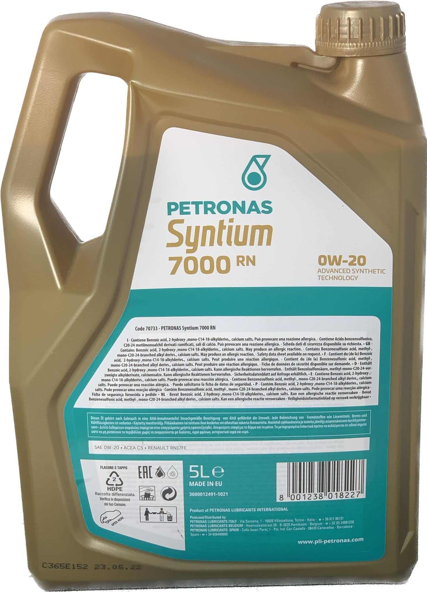 Aceite Lubricante Motor Petronas Syntium 7000 RN 0W20, 5 litros (RN17 FE)