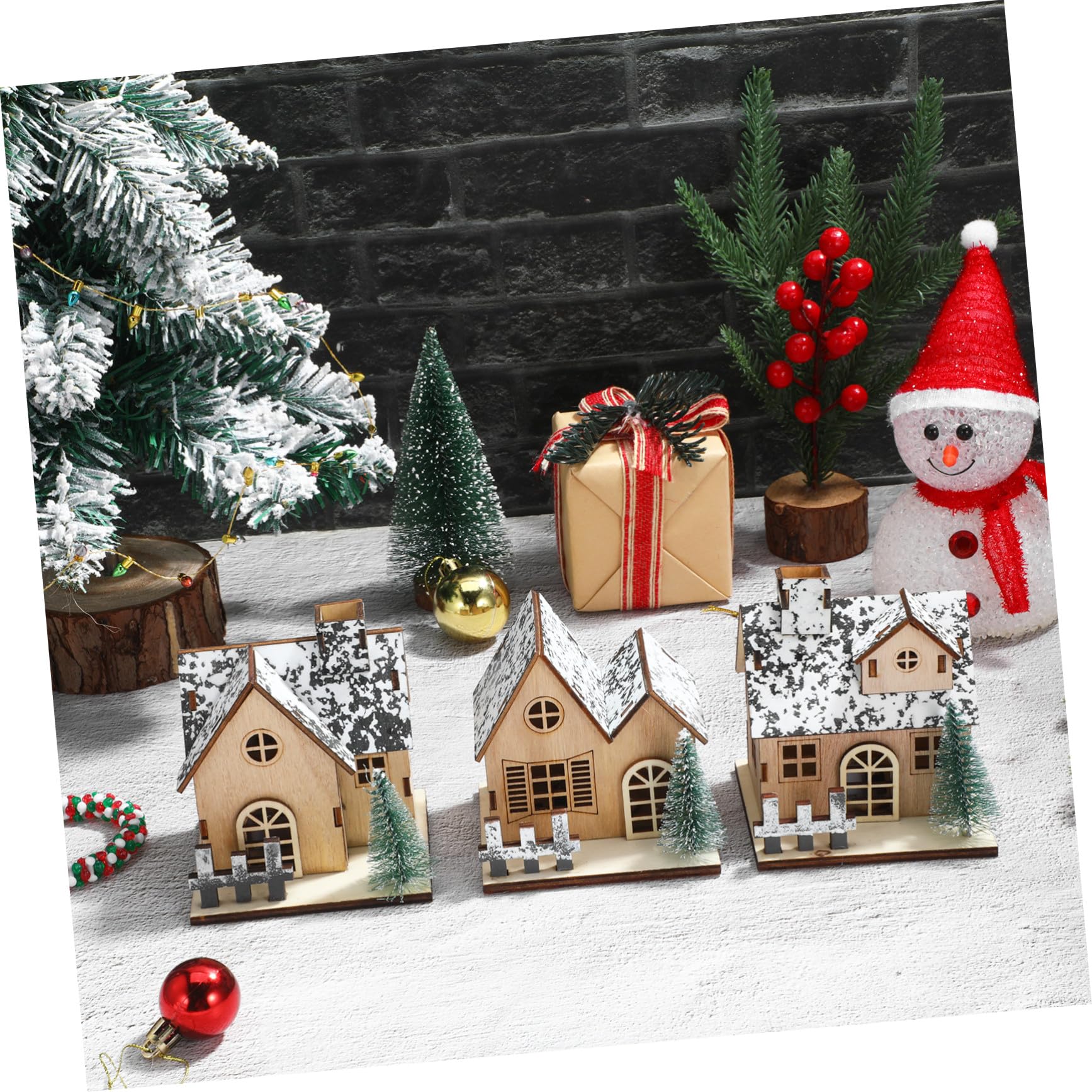 Hemobllo 3 pièces Maisons Miniatures de Noël Bois avec LED Décorations Lumineuses pour Village de Noël Ornements Non pour Centre de Table Festif