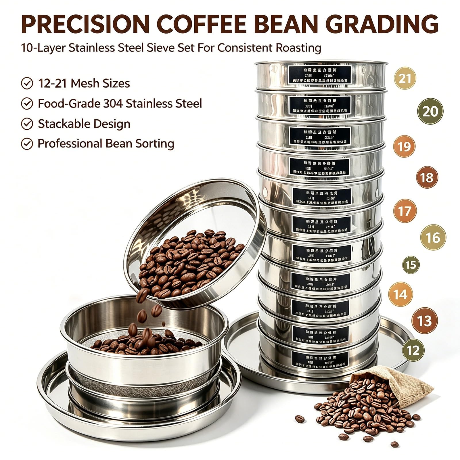 Colador De Malla Fina para Café, Tamiz Redondo De Acero Inoxidable con 10 Niveles Filtración, Bandeja Inferior Y Tapa para Tostado, Filtrado Y Análisis Café