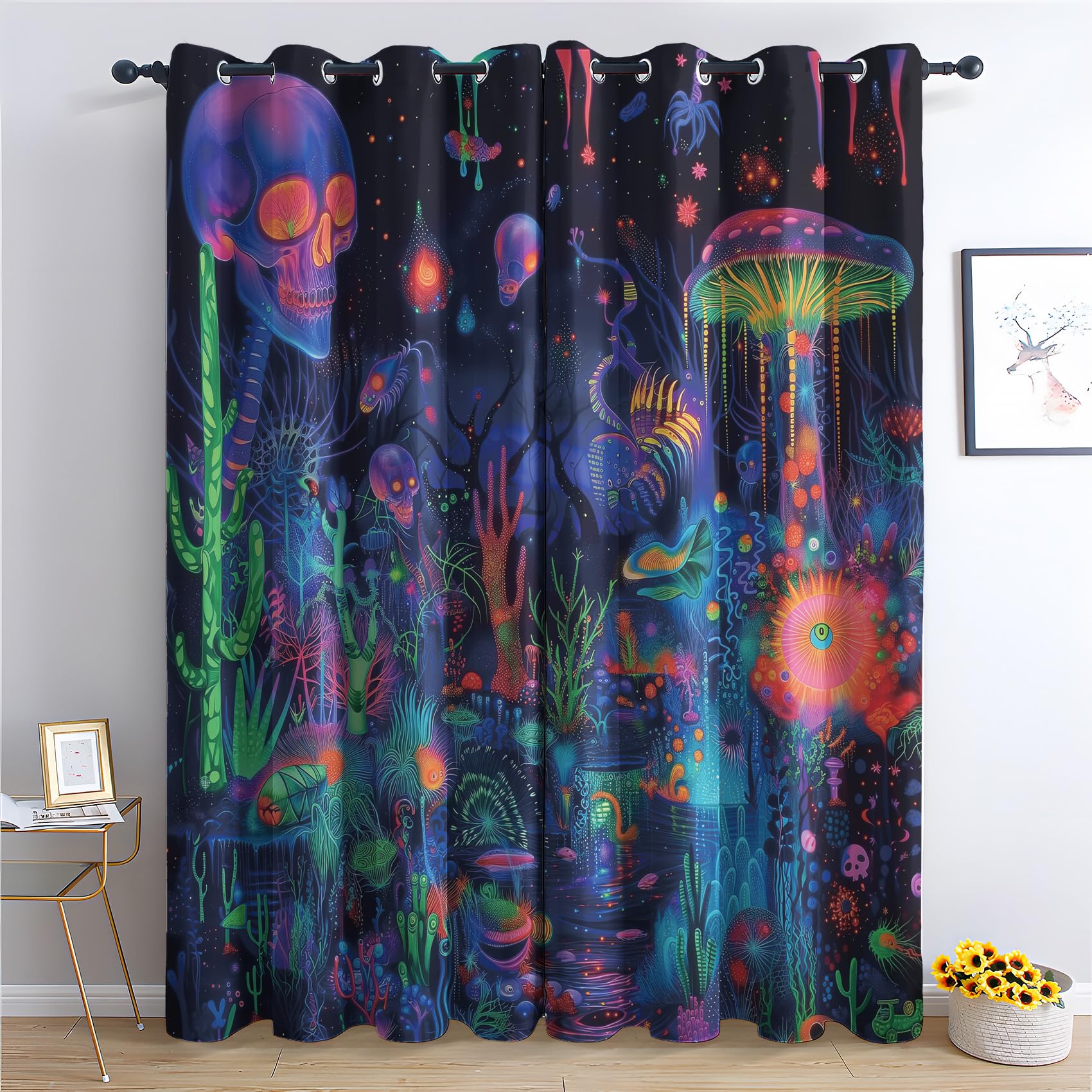 Rideau Occultant Psychédélique - Rideau Thermique Motif Crâne Hippie Psychédélique, Rideaux Chambre Salon Fenetre, Lot de 2 Rideaux et Draperies Intérieurs à Oeillets, 140x260 cm (LxH) E&-110