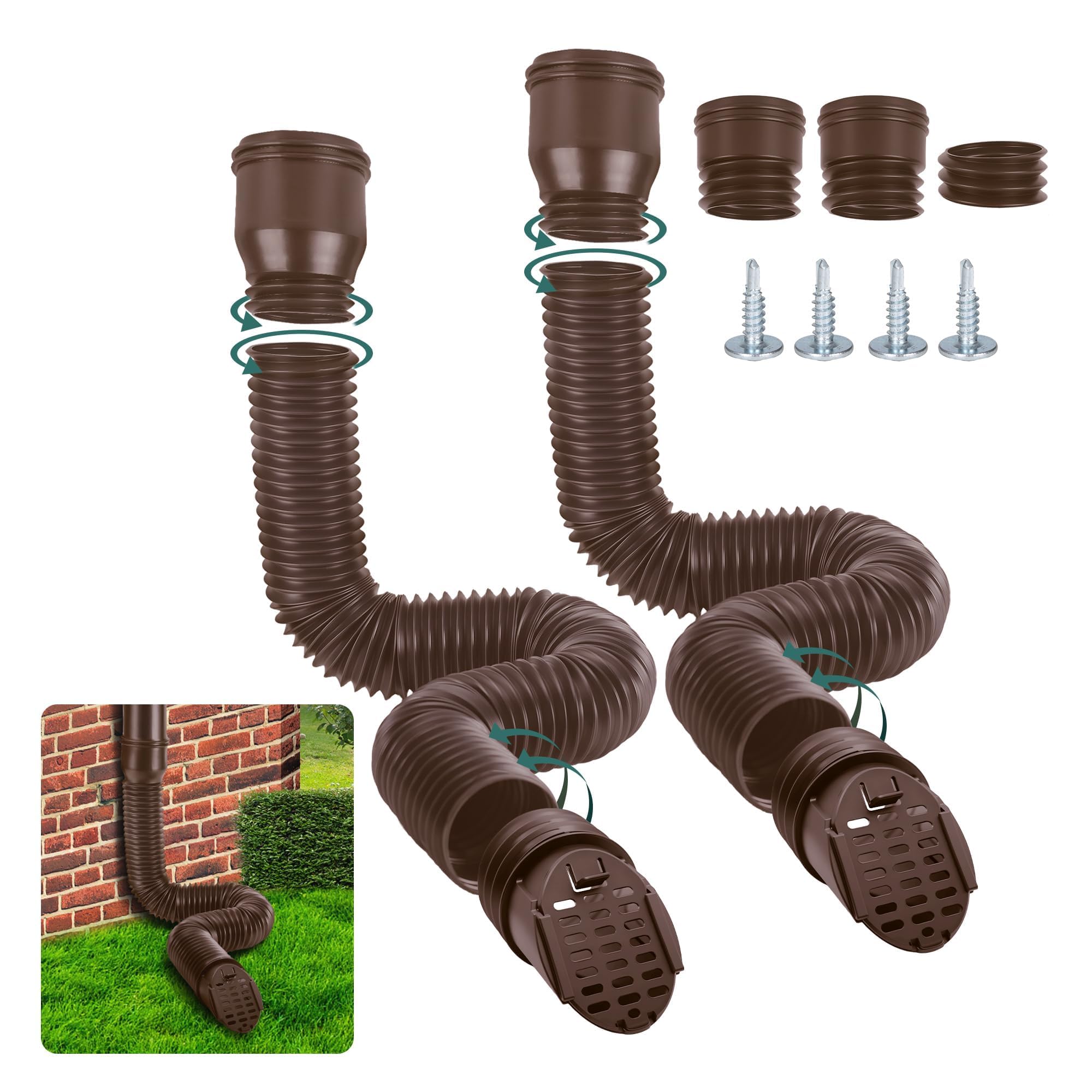 Extensión Flexible para Canalón y Bajante, 80/100 mm Tubo Bajante Extensión Redonda con Rejilla para Desagüe, Manguera de Canalón, 47-150 cm, Accesorios para Bajantes (Marrón, 2 Unidades)