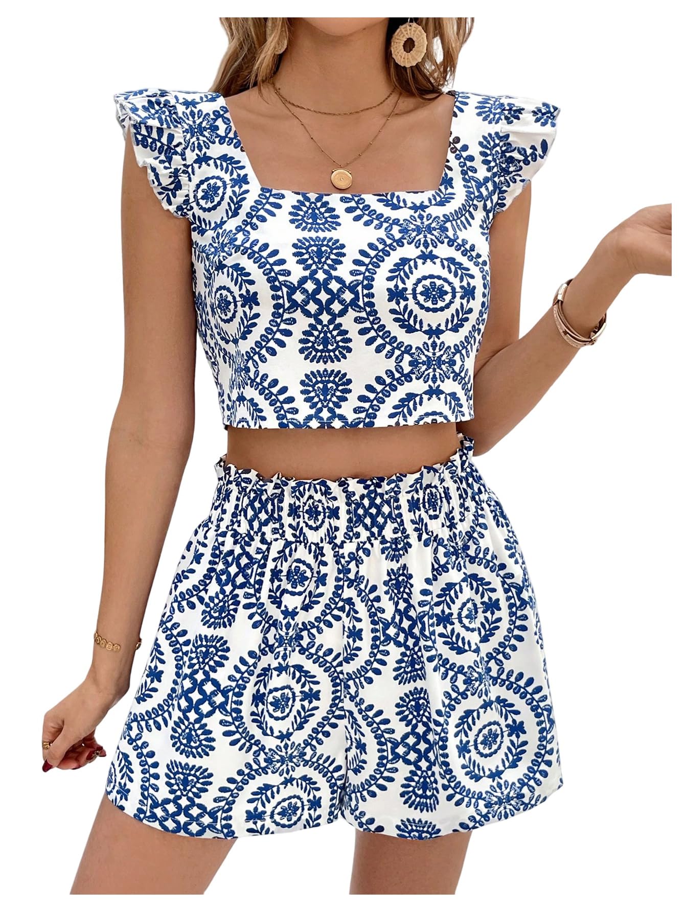 SweatyRocks Women's 2 Piece Sets Ruffle Sleeve Top & Short Vacation Outfits