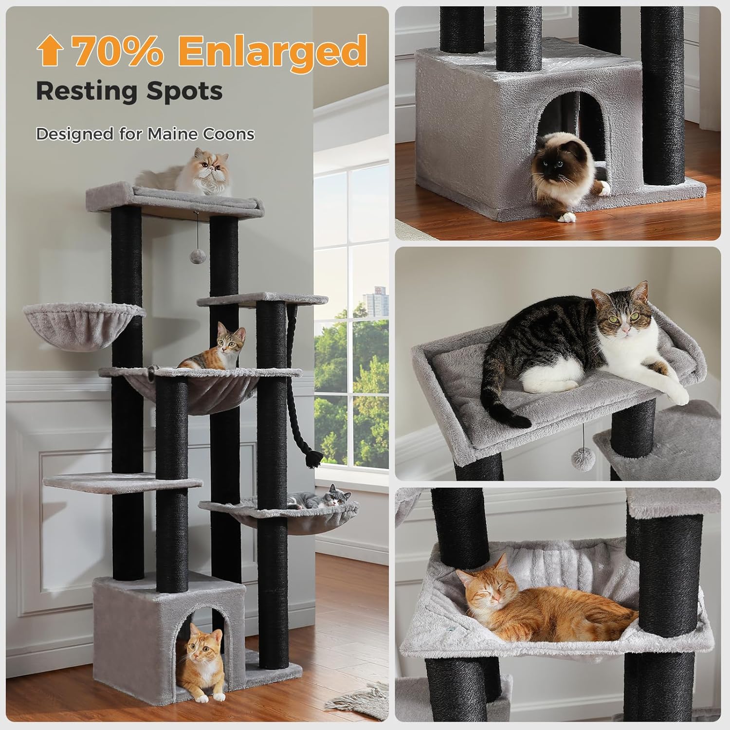 Maine Coon Cat Tree-67 Large Cat Tower for Indoor Cats Large Adult with 7 Thick Black Scratching Posts (φ4.3), Multi-Level Condo, Big Perch & Hammocks -Black