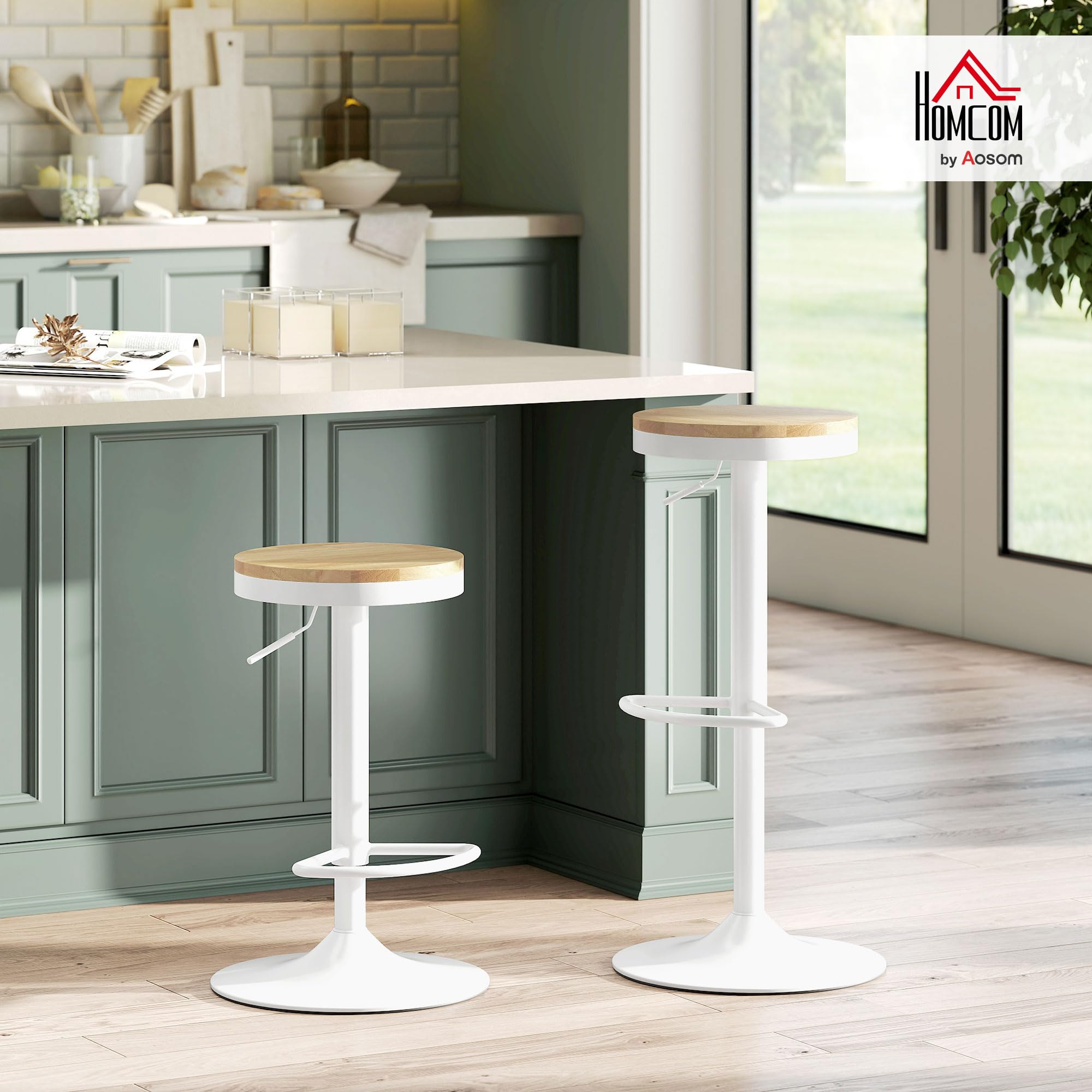 HOMCOM Juego de 2 Taburetes de Bar Giratorios Taburetes Altos de Cocina con Altura Ajustable 60-80 cm Asiento de Madera Marco de Acero y Reposapiés para Comedor Mostrador Natural y Blanco