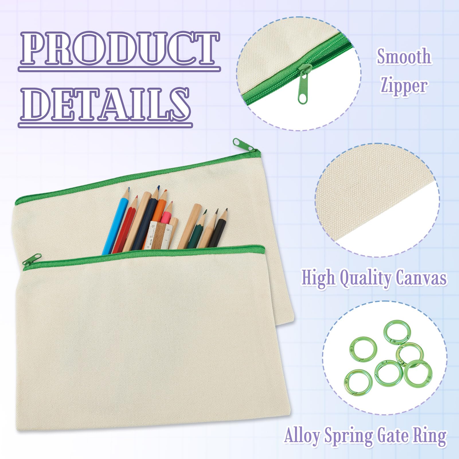 Bestewelry 6 pcs Canvas Travel Cosmetic Bags Blank Canvas Makeup Bags Blank Fabric Pencil Cases with Rings for Students School Storage Women Travel Makeup Organizer, Green Yellow - Image 4