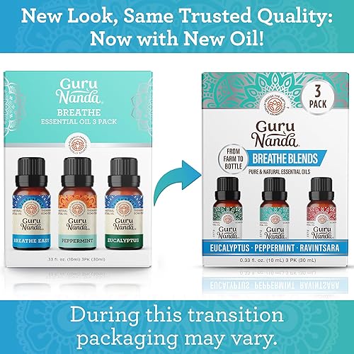 Miniatura 2 de GuruNanda Breathe - Juego de aceites esenciales (paquete de 3 x 0.34 onzas líquidas), aceites difusores 100% puros, naturales y sin diluir para
