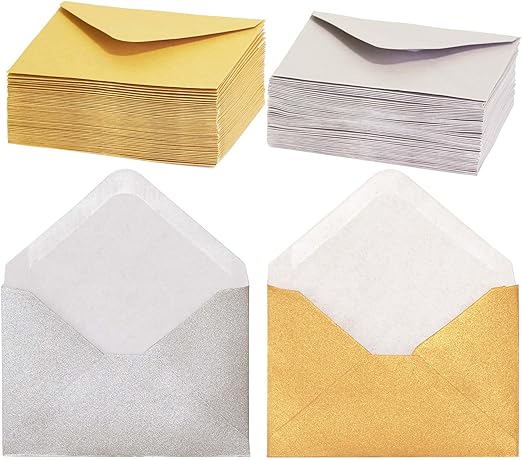 Gift Card Envelopes - 100-Count Mini Envelopes, Paper Business Card Envelopes, Bulk Tiny Envelope Pockets for Small Note Cards, Gold and Silver, 50 Each, 4 x 2.7 Inches