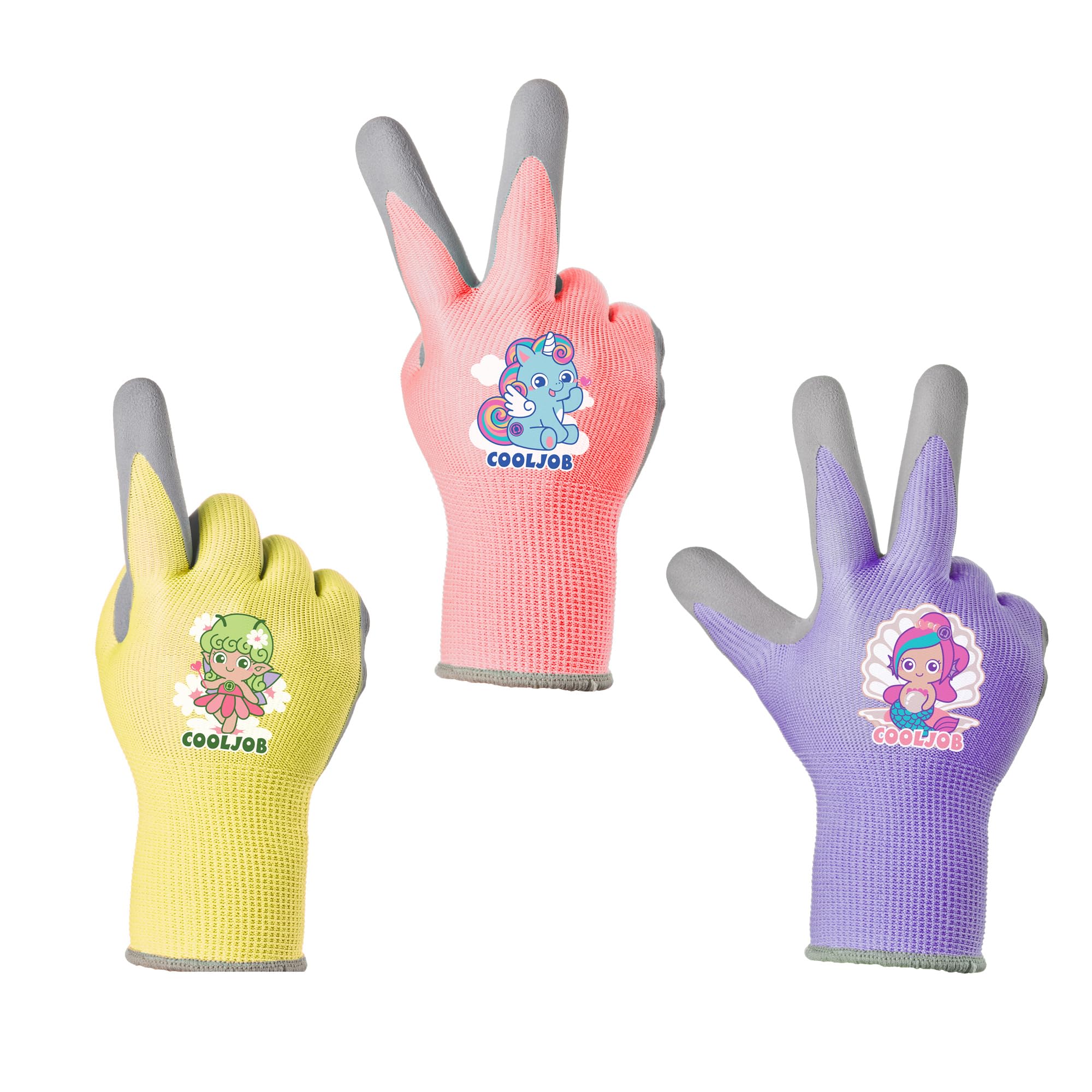 COOLJOB Childrens Garden Gloves for Boys Girls 3 works Toddler Work Gloves for Gardening Playing Non-slip Latex Coating