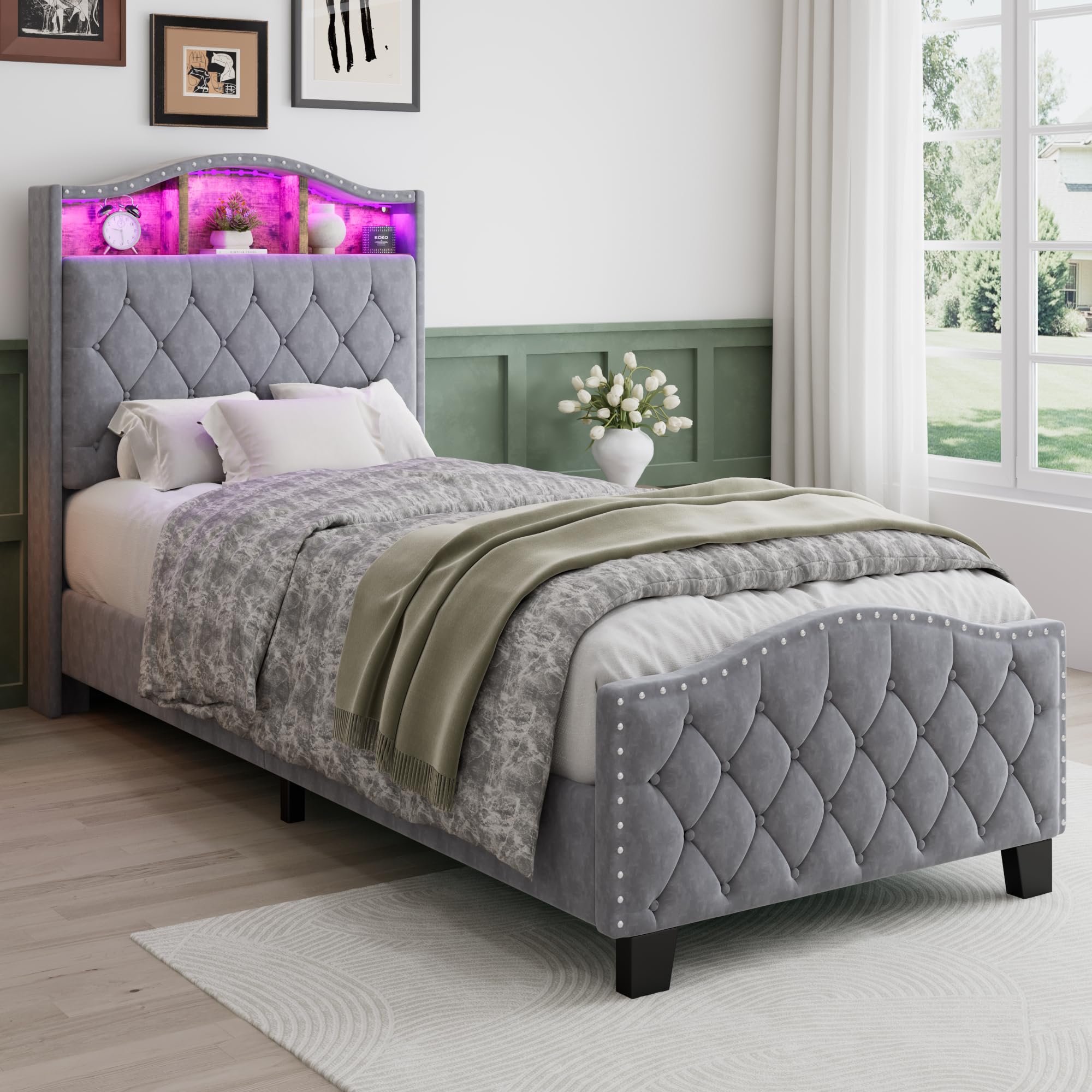 Merax Single bed frame, 3FT Single Upholstered Bed with Soft backrest,LED light strip,bed slats and Charging Function, for adults&teenagers(No Mattress), Velvet Grey/90 * 190CM โ image 1