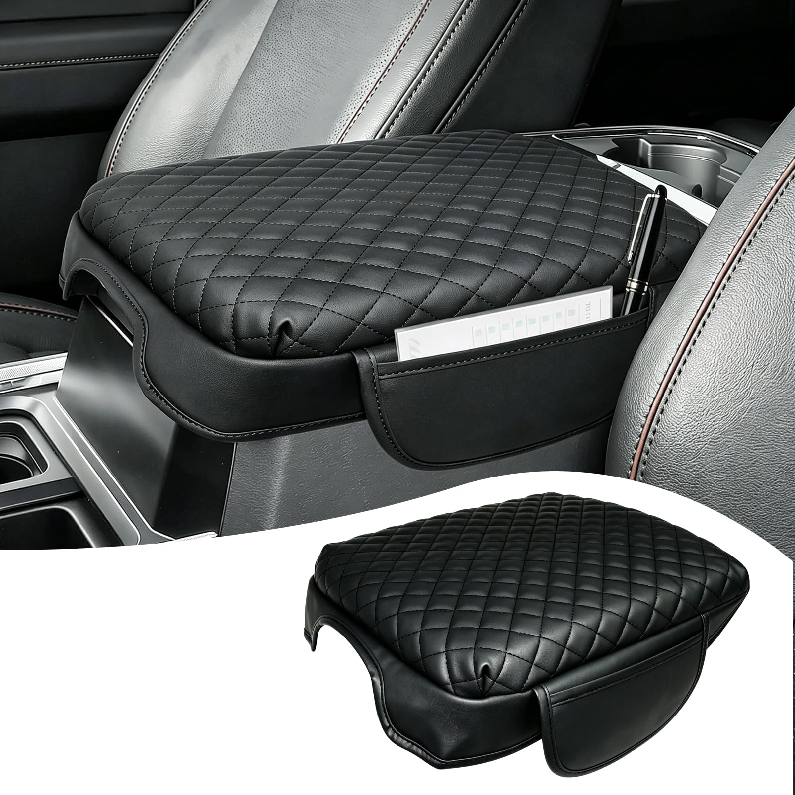 Center Console Cover for 2023-2026 Super Duty Ford F250 F350 F450 F550(Bucket Seat Only) Armrest Cover Accessories PU Leather Armrest Seat Box Cover Protector with Pockets Storage Bag