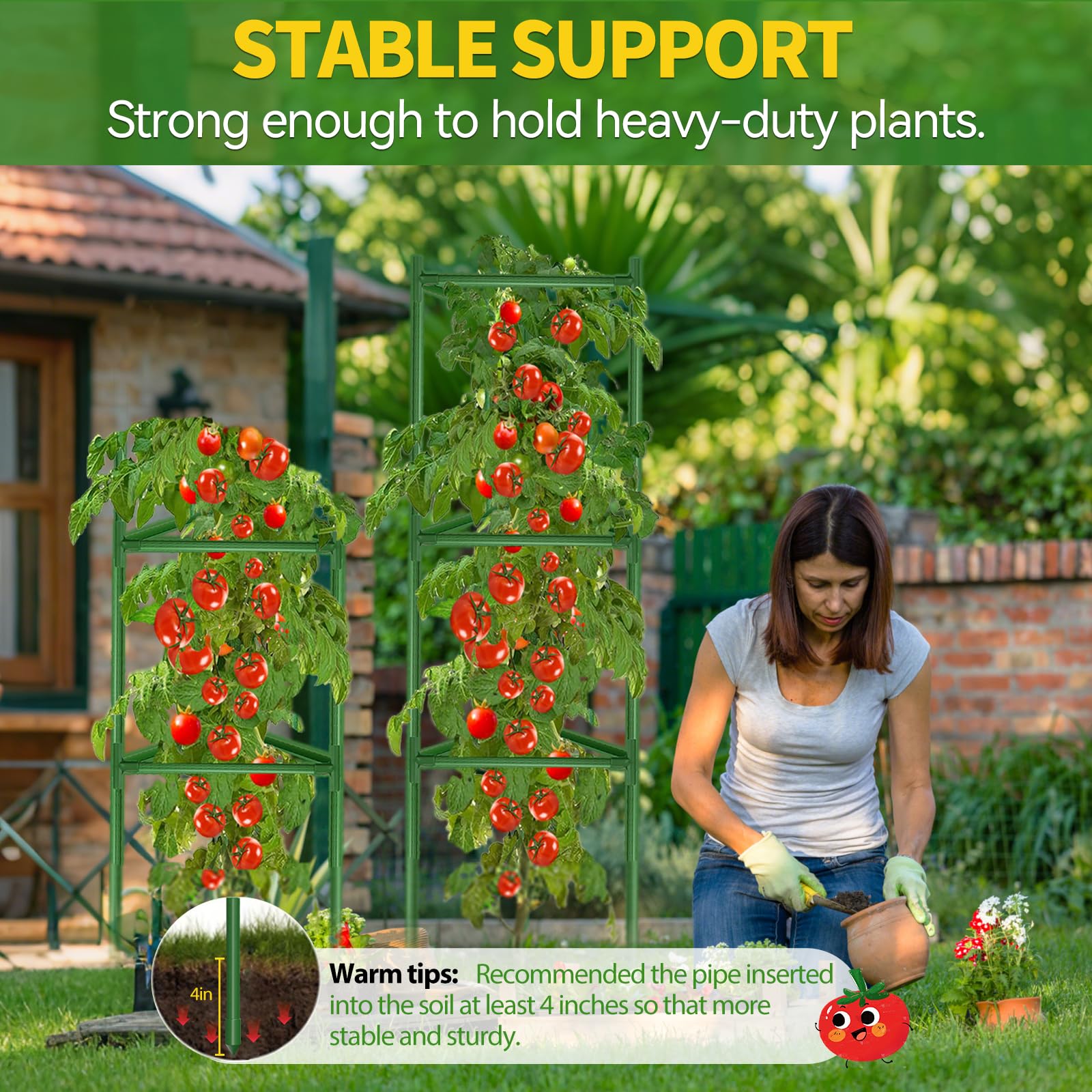 Paquete De 4 Jaulas Tomate Para Jardín Hasta 66 Pulgadas Alto, Estacas Soporte Plantas Metal Con Clips, Triangulares Guisantes, Enrejado Pepino Verduras, Macetas