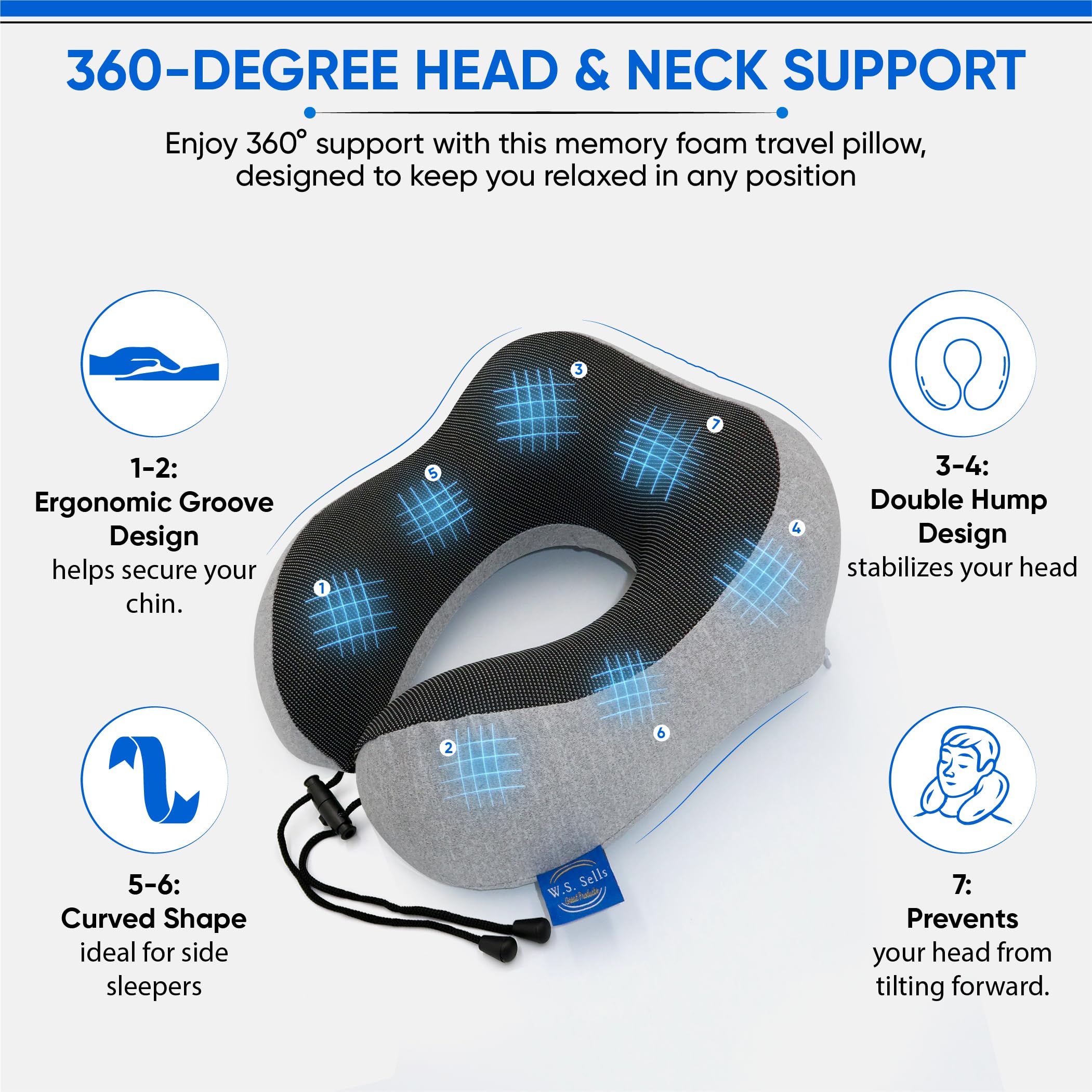 W.S. Vende almohadas de cuello de viaje para aviones, espuma viscoelástica pura con diseño ergonómico y tela transpirable, almohadas de viaje para aviones y automóviles, juego de artículos esenciales