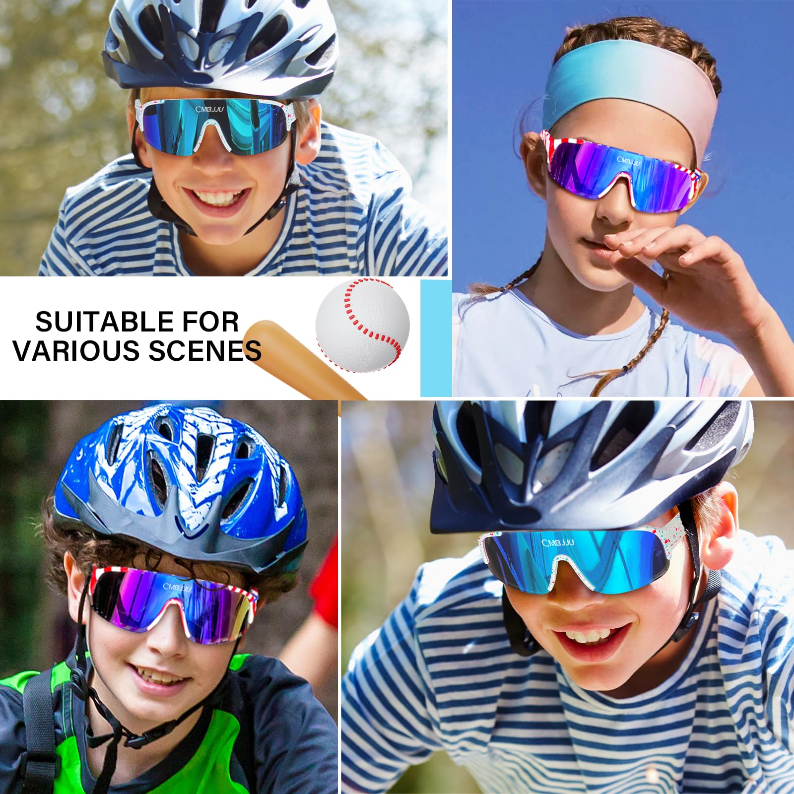 Kinder-Sonnenbrille, Jugend-Baseballbrille für Jungen und Mädchen, Alter 6–14, Sport-UV-Schutzbrille