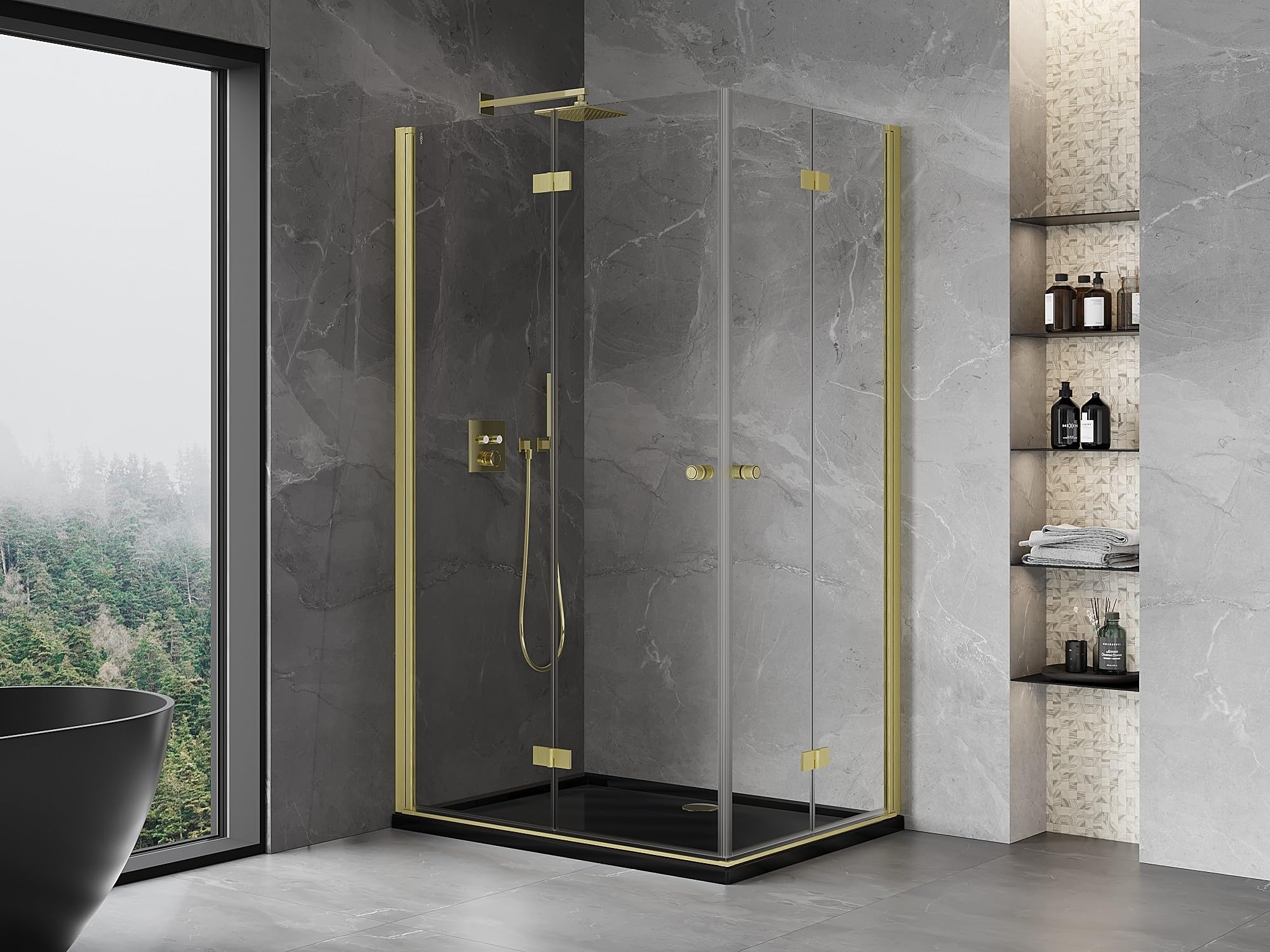 Mexen Mist-F Duo Box doccia pieghevole, variante sinistra, 120 x 80 cm, vetro trasparente 6 mm, finitura oro spazzolato