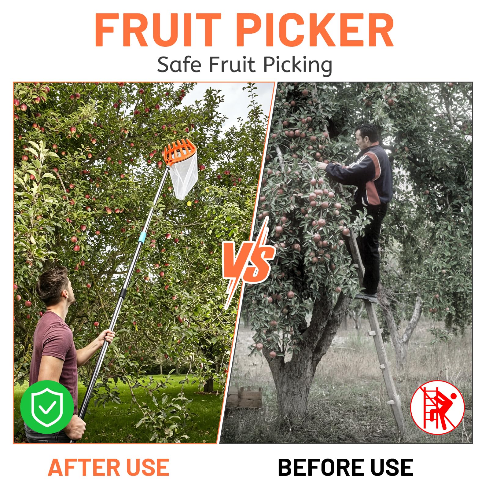 DBREAKS Raccogli Frutta, 4,2M Raccogli Mele con Manico Telescopico, Palo Leggero Raccogli Frutta, Cestino con Sacchetto di Cotone, Prugne, Raccoglitore di Ciliegie