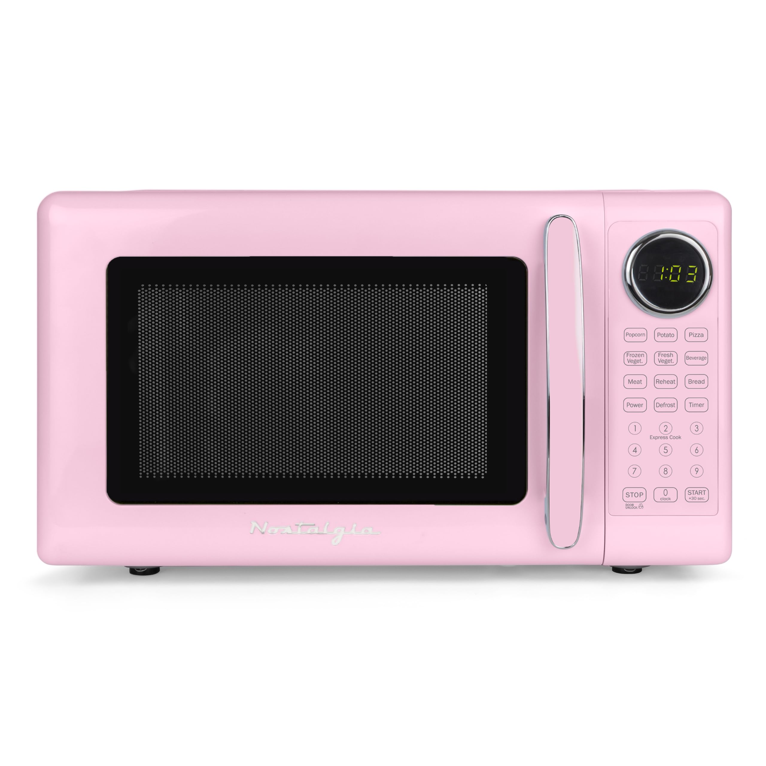 Nostalgia Retro 700W Microwave Oven – 0.7 Cu Ft Capacity – Child Safety Lock, 8 Auto-Cook Settings, Square Window – Countertop Kitchen Appliance – Pink