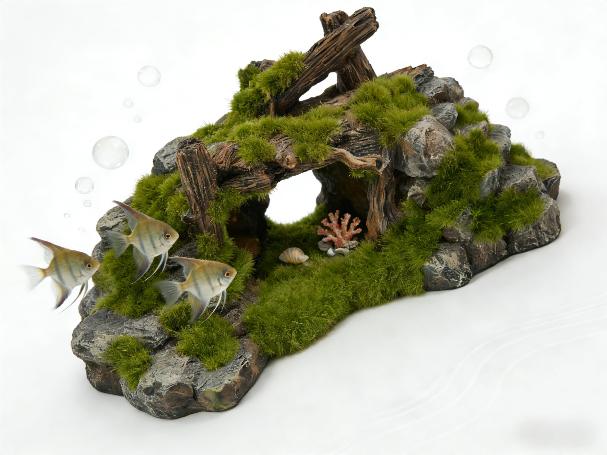Moss Rockery Wood Ruins Fish Tank Decoration Natural Style Aquarium Landscaping Ornament Multi-Safe Hideout Cave for Turtle Fish