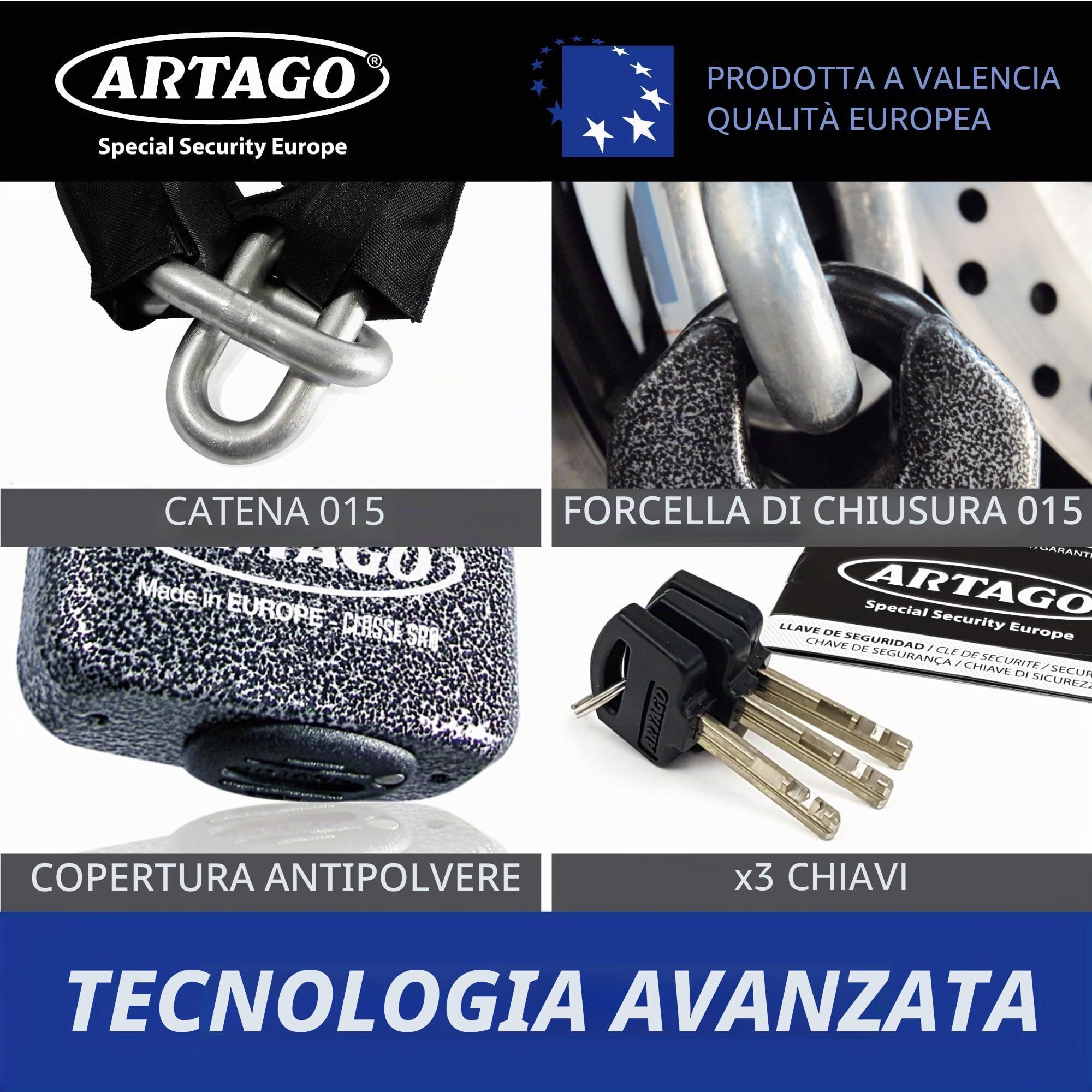 Artago 68T150 Catena Moto Antifurto Pesante ad Alta Sicurezza, Omologata Sold Secure, ø15 150cm, BUNKER SELECTION, Lucchetto MONOBLOK in Acciaio Forgiato, Catena Cementata Antifurto per Moto Scooter