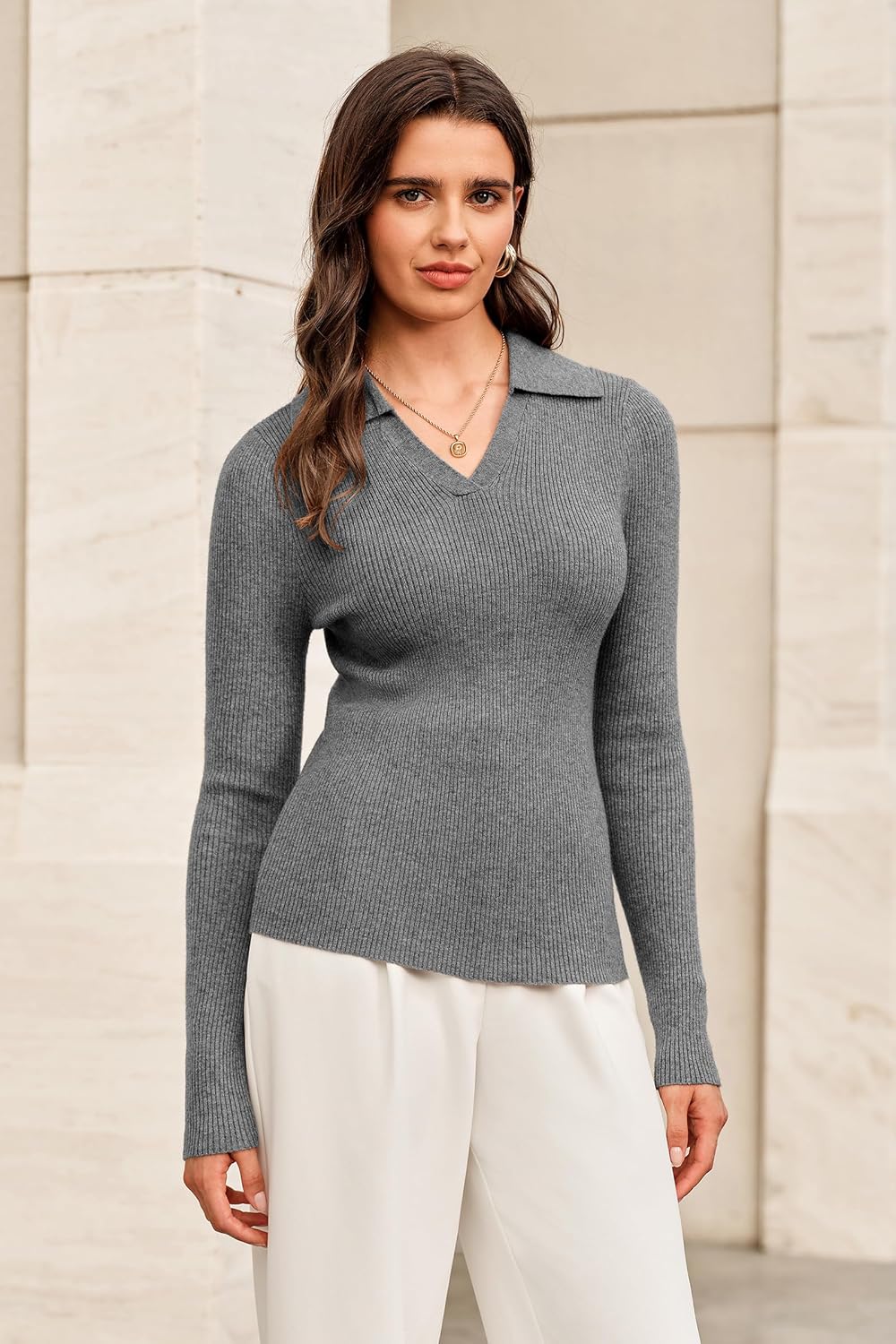 Arach&Cloz Women's Wool Blend Polo Sweater Shirt Business Casual Slim Fitted Fall Tops 2025 - Image 2