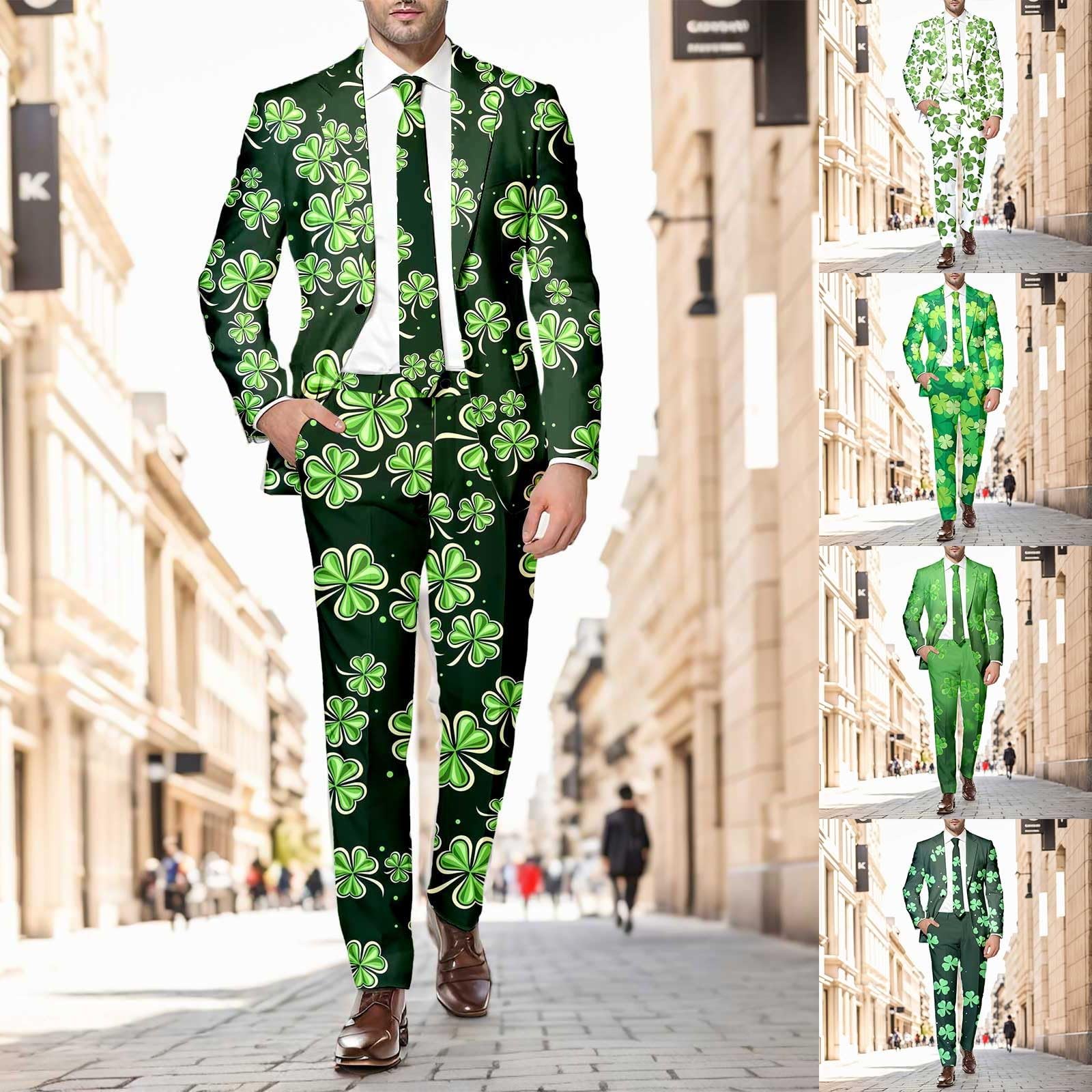St Patricks Day Kostüm Herren Party Anzug St. Patrick Anzüge mit Festlichen Druck Beer & Shamrock Clover Tailliert Party Kostüme Outfit Mit Jackett und Hose Festlichen Kleeblatt Anzug