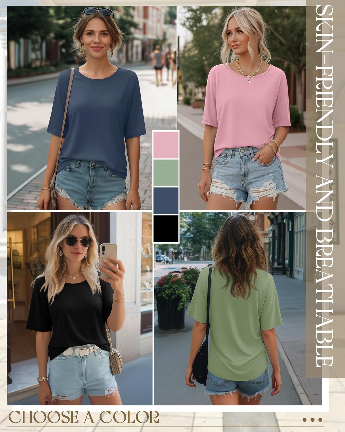 Neer 4 Pack Women's Half Sleeve Top Elbow Length T Shirt Oversized Round Neck Tee Summer Casual Tops
