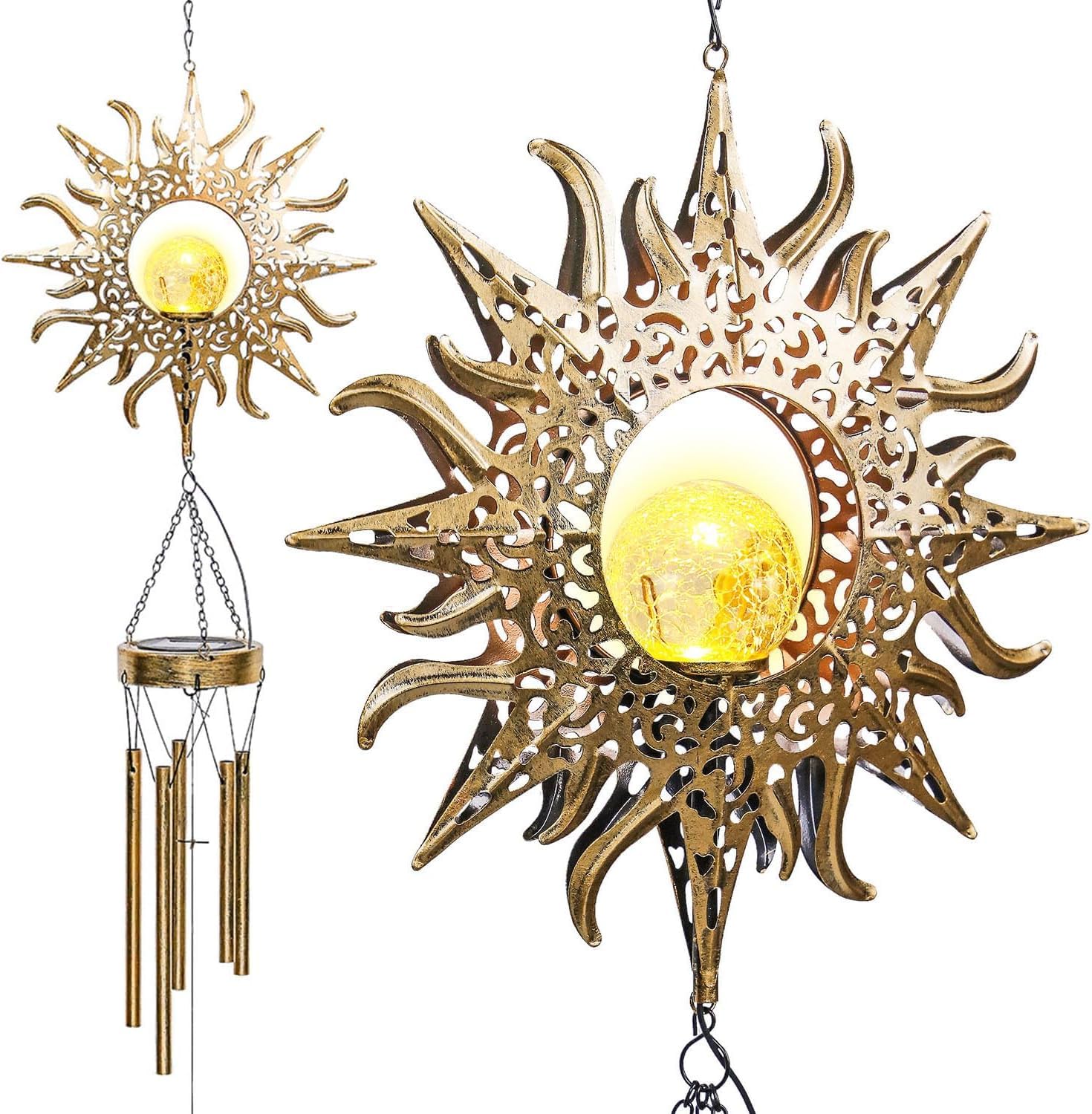 Sun Moon Solar Wind Chime Light - Outdoor LED Garden Night Windbell Waterproof Chime Ambience Light Lamp - Lamp for Patio Deck Lawns Yard Patio Deck Garden (Sun)