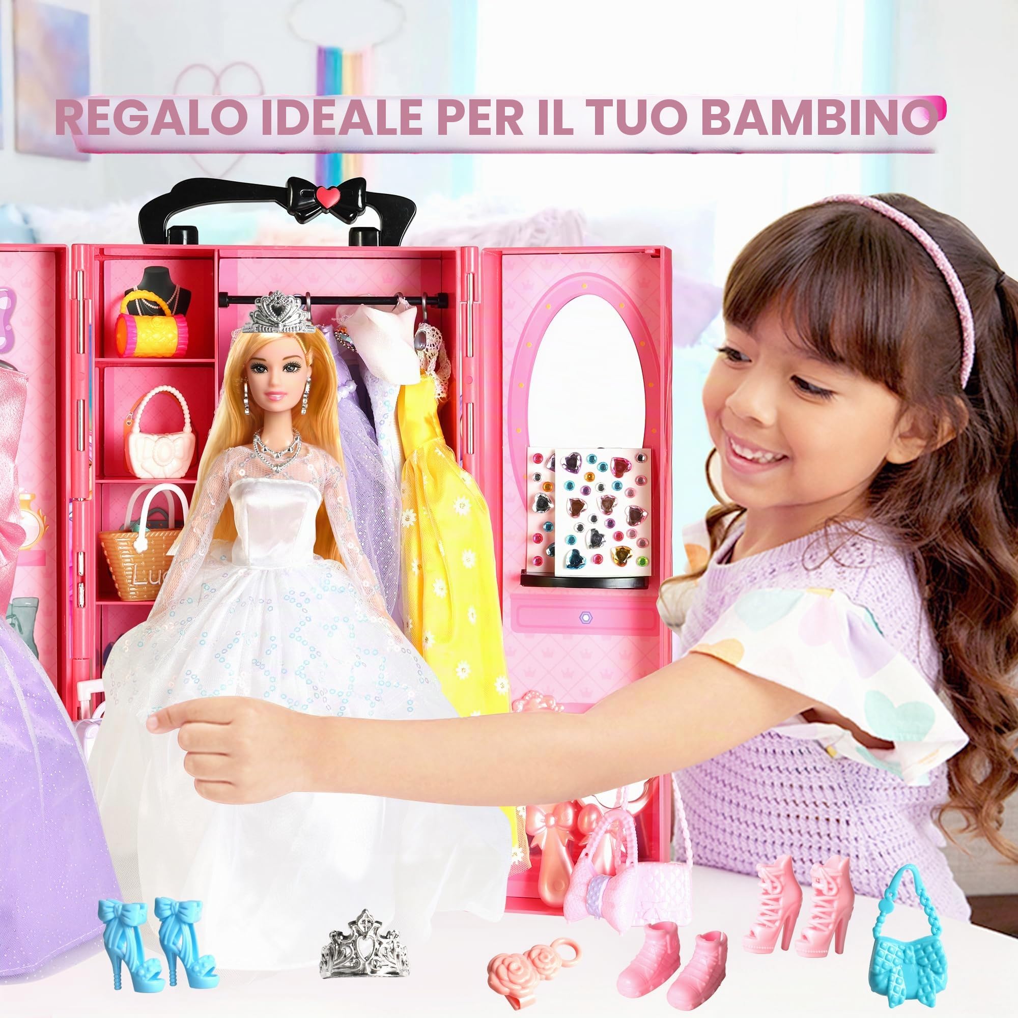 Armadio per bambole UCanaan da 20 pollici, con 20 supporti per vestiti e portaoggetti per accessori (senza bambole e accessori di abbigliamento) - Rosa
