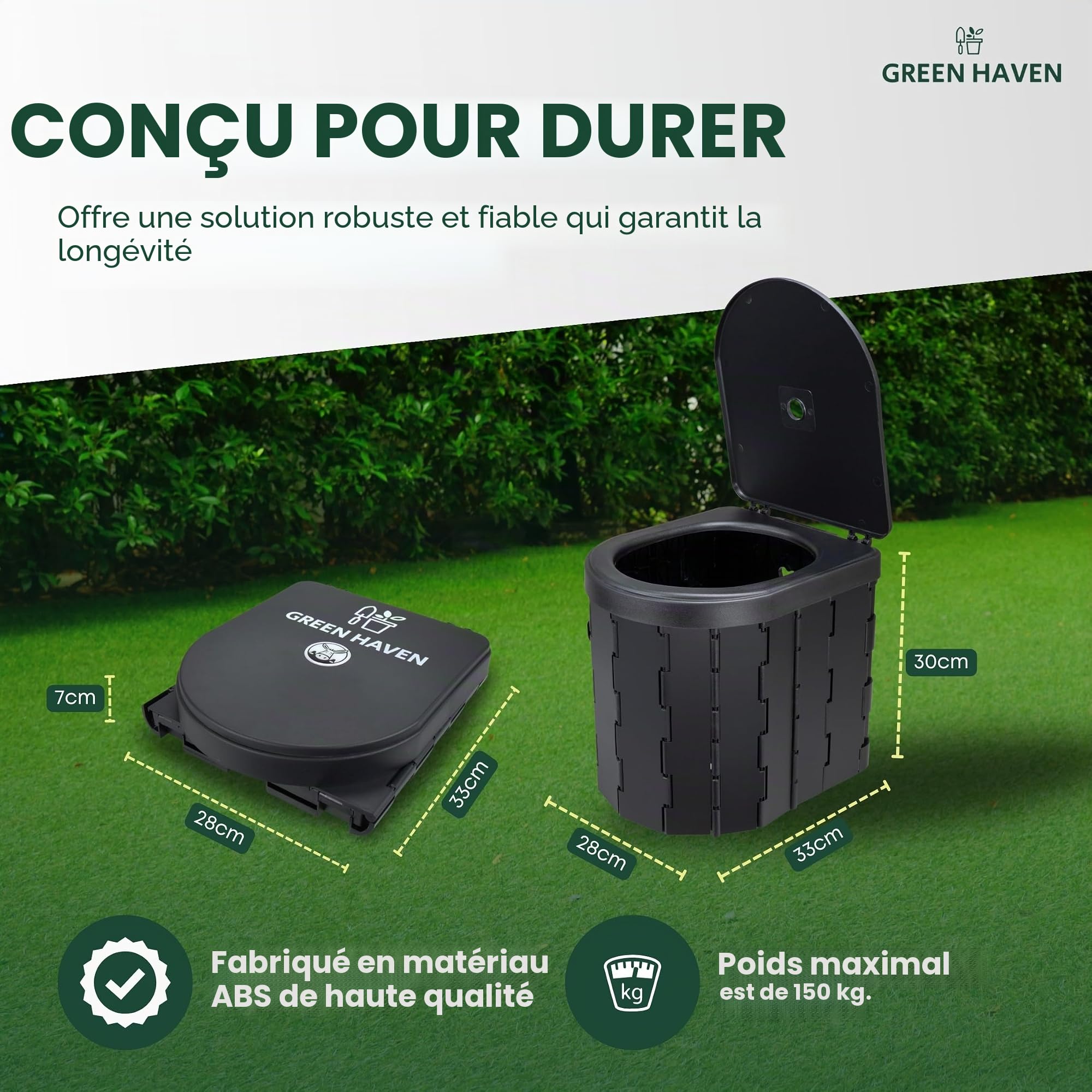 Green Haven toilette portable pliable | wc camping adulte, 12 sacs inclus | SEAU HYGIÉNIQUE COMPACT: pot de chambre · festival · caravane · voyage · résistant · 6 litres · porte-rouleau · randonnée