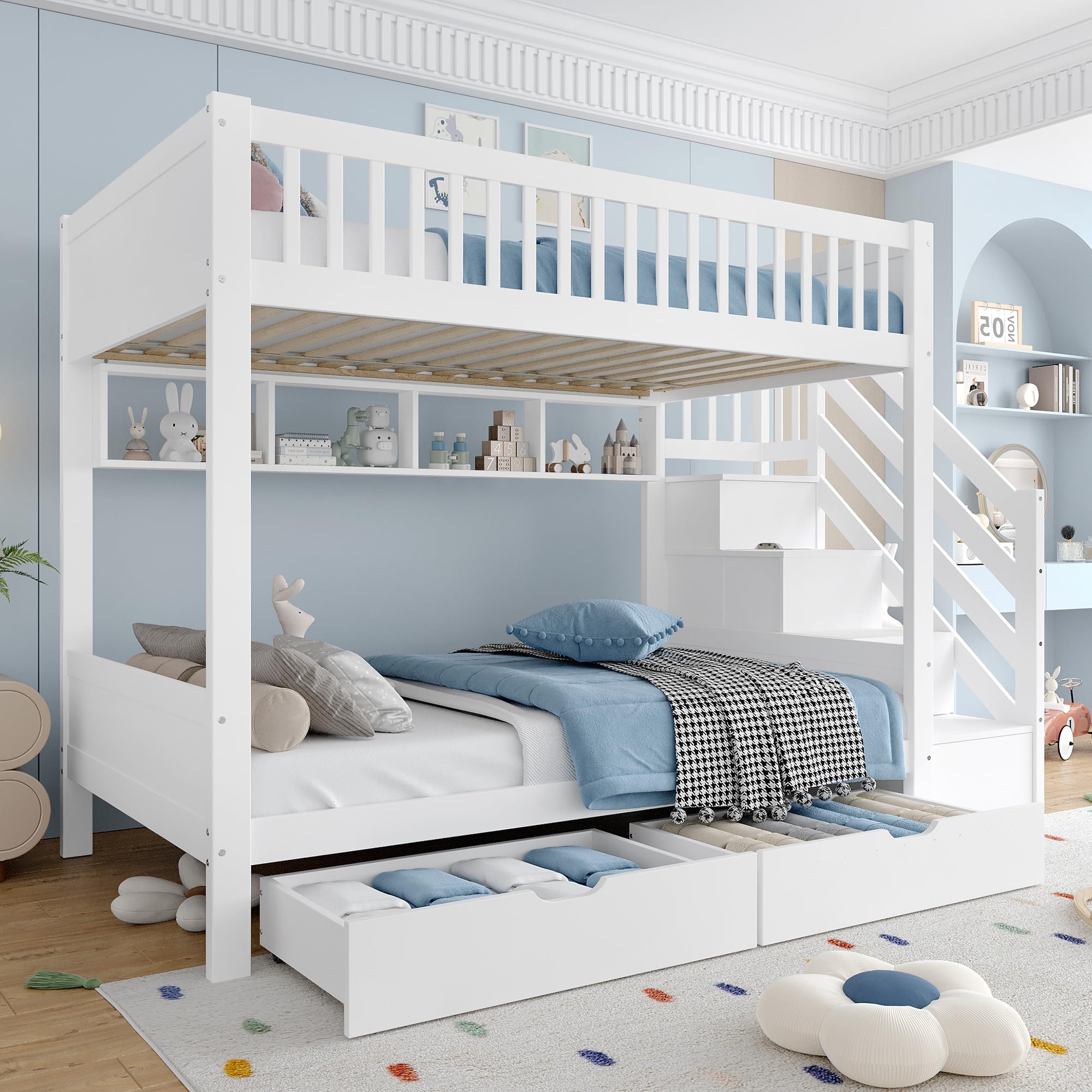 Letto a castello per 2 bambini, 90 x 200 cm, con scale, letto a soppalco con armadietti e protezione dalle cadute, con cassetto e scaffale, letti per ragazzi e ragazze, senza materasso (bianco