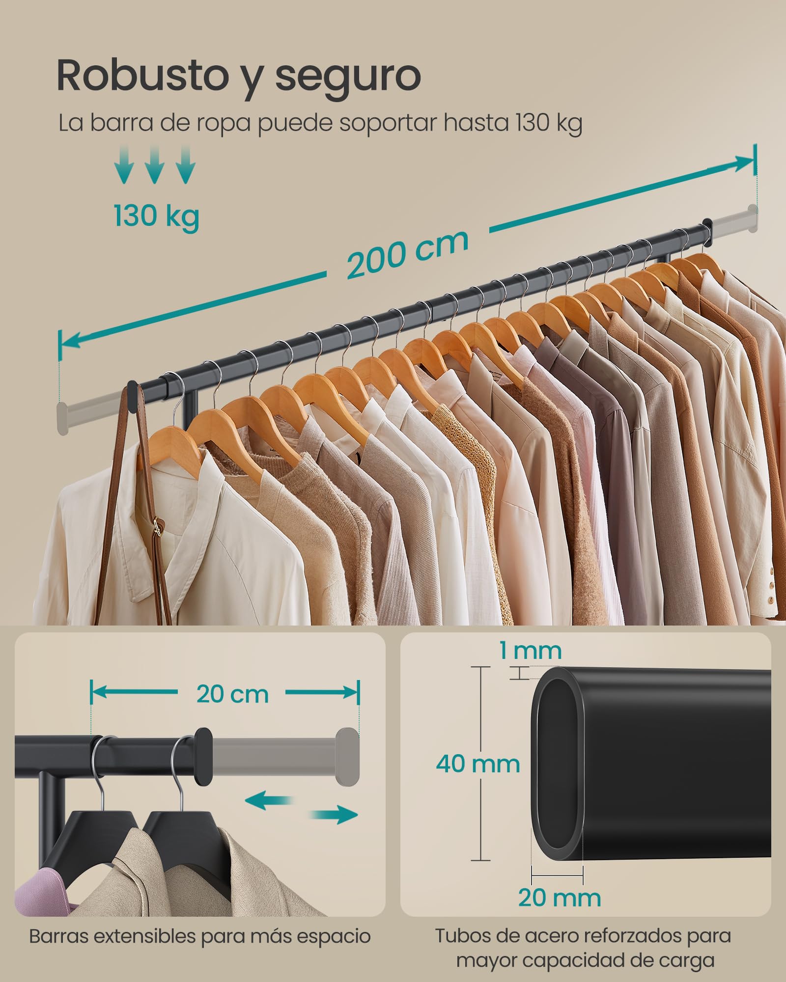 SONGMICS Burro Ropa con Ruedas, Perchero Burro Extensible con Carga Pesada, Capacidad de Carga Máx. de 150 kg, 45 x (160-200) x 161,5 cm, Fácil de Montar, Portátil, Negro HSR175B01 — view 3