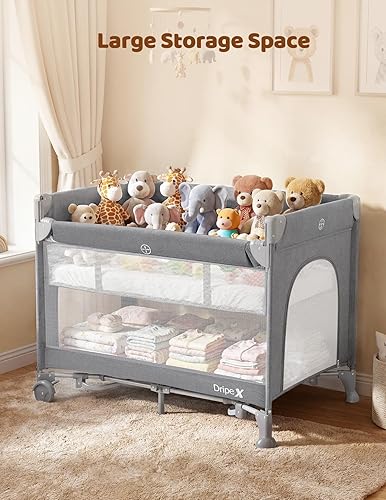 Miniatura 7 de Dripex Pack and Play, moisés de bebé 5 en 1, cuna portátil con colchón, cambiador, balancín extraíble, bolsa de viaje, patio plegable para recién