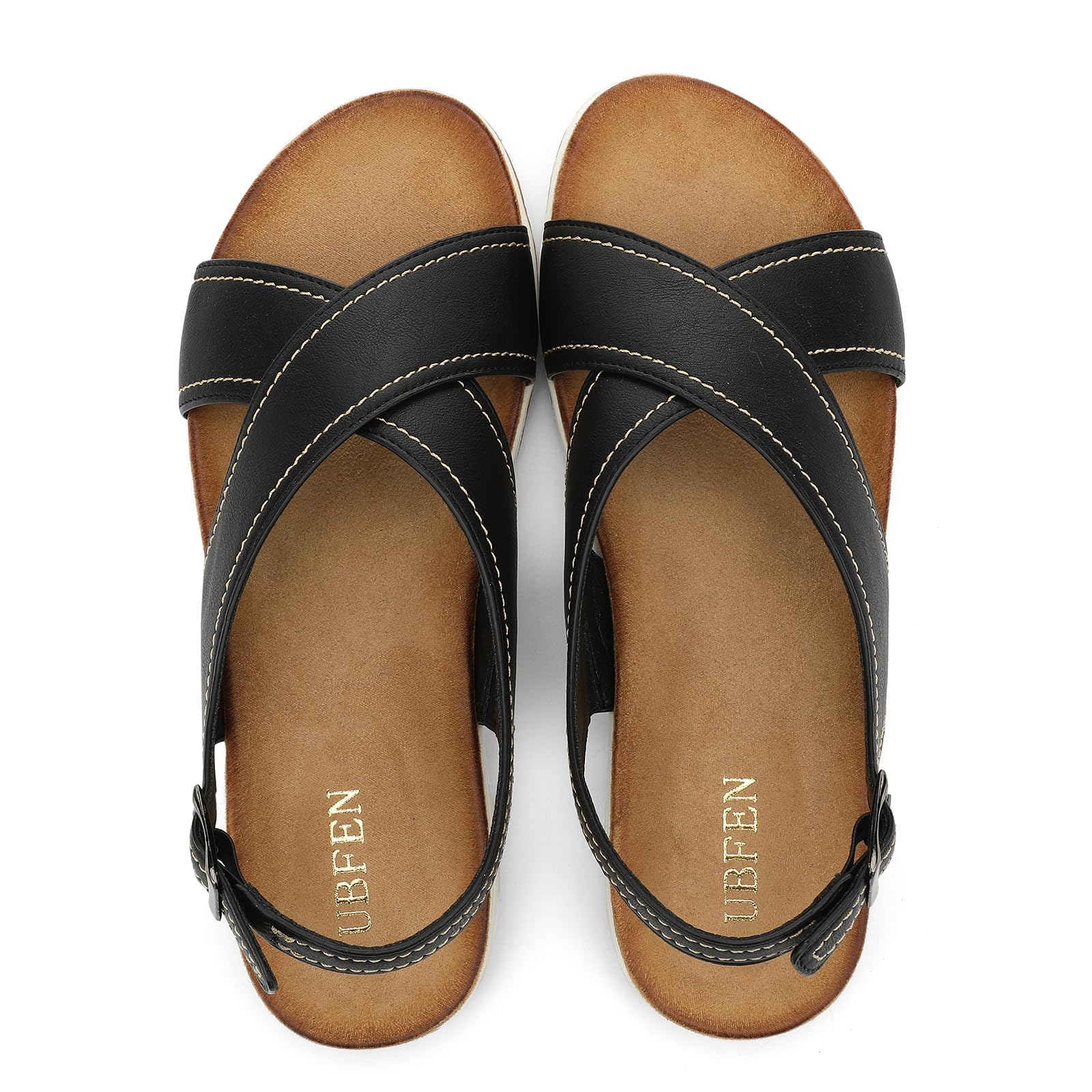 UBFEN Womens Flat Sandals Arch Support Open Toe Adjustable Slingback Cross Strap Dressy Casual Comfortable Summer Shoes 10.5 Black