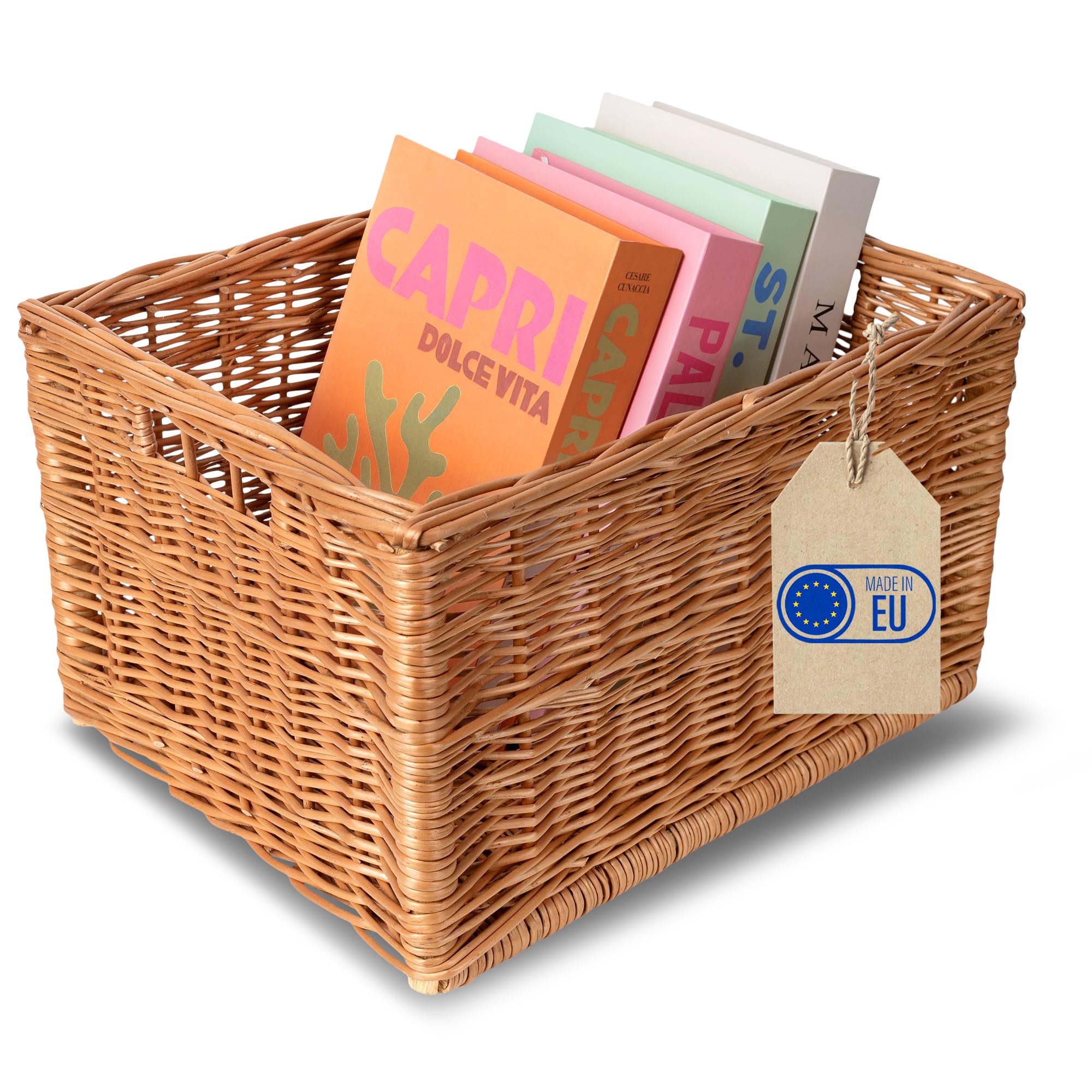 Creative Home Large White Wicker Basket Crate With Handles | 40x30x24 Cm (+/- 1cm) | Storage Box | Natural Woven Basket | Handmade Thick Willow Tool Dog Toy Clothes Kitchen Bathroom Storage