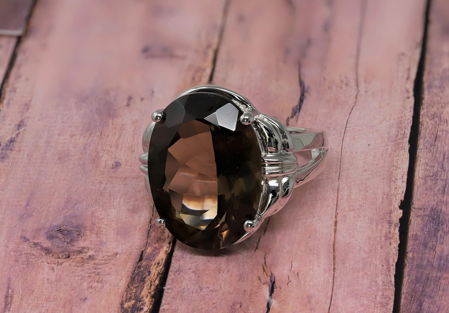 925 Sterling Silver Genuine Smoky Quartz 18 Ct Statement Cocktail Ring - Image 3