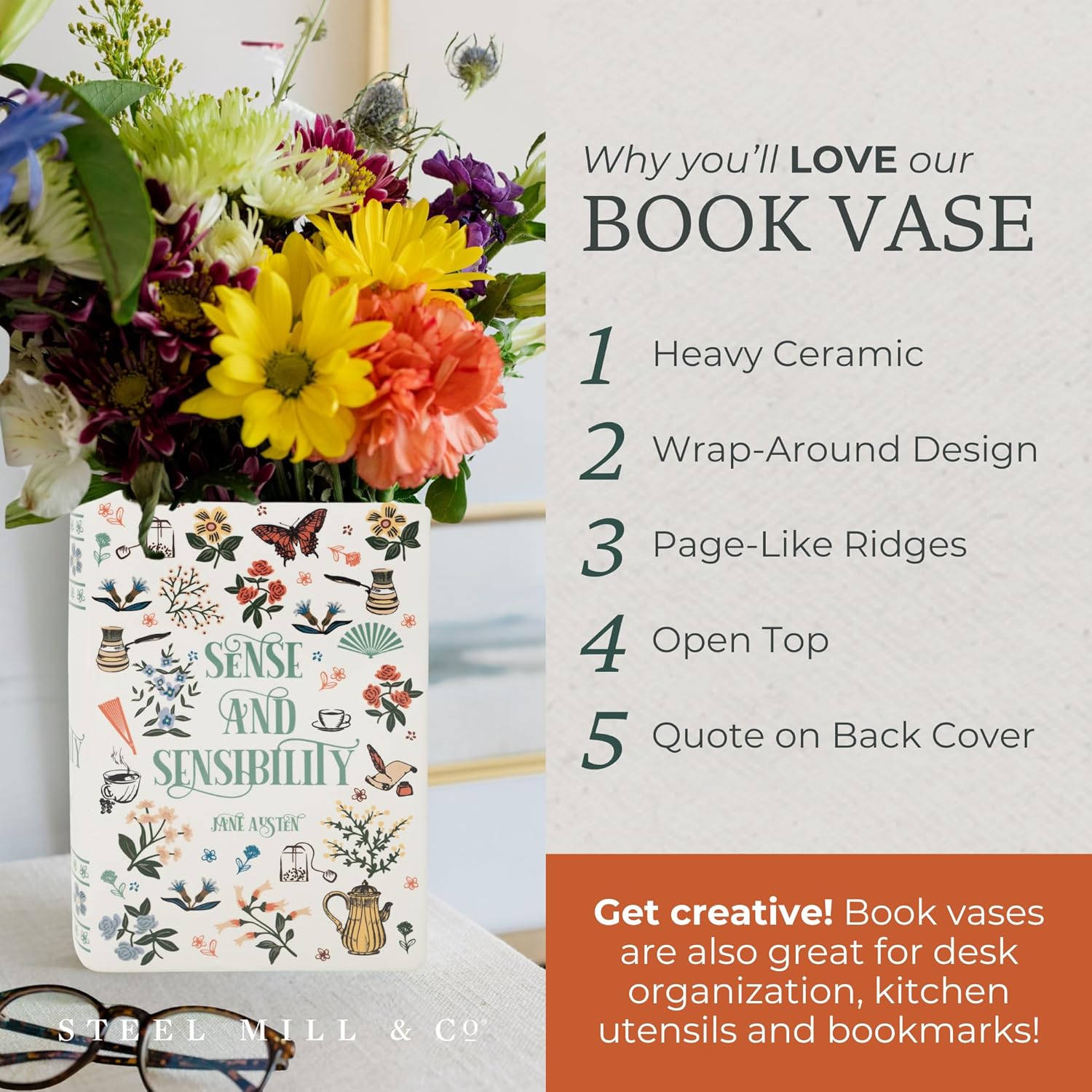 Steel Mill & Co Original Large Book-Shaped Decorative Vase, Ceramic Vases for Home Decor, Cute Bookshelf Decor, Unique Vase for Book Lovers (Sense and Sensibility) - Image 7