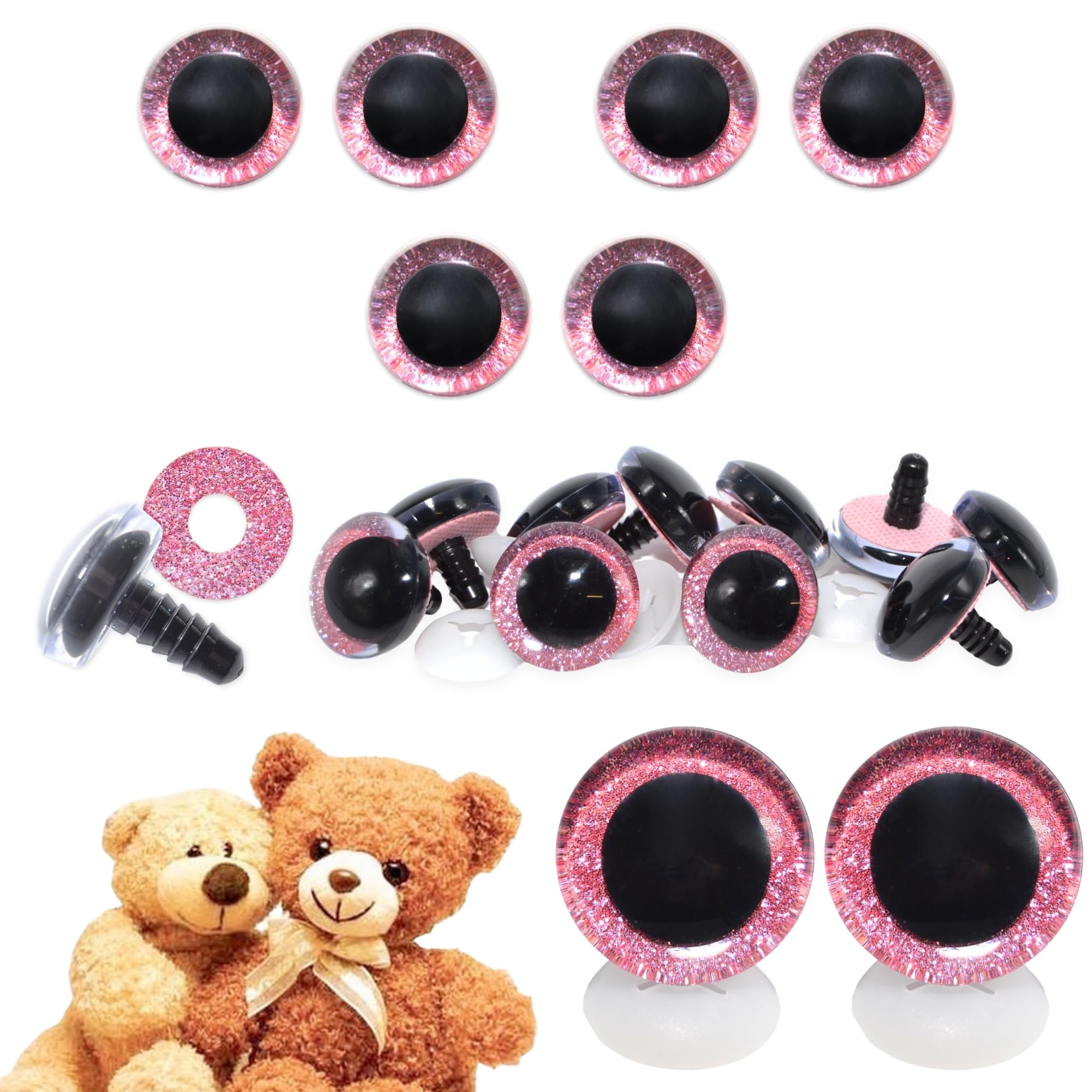 celloexpress 30mm Pink 3D Glitter Eyes with Plastic Backs - Sparkle Safety Eyes for Soft Toy Teddy Bear Animal Making (Pack of 3 Pairs)