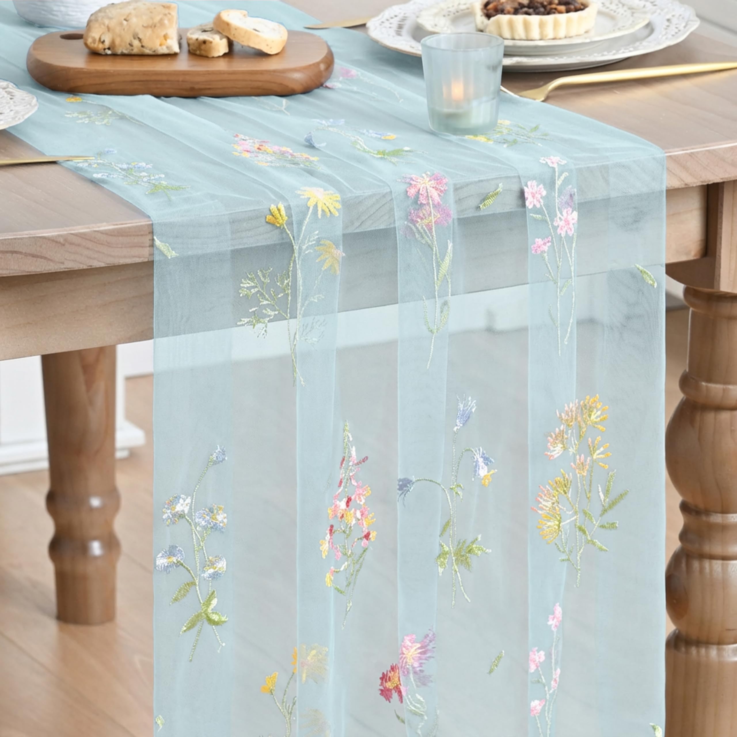 Photo 1 of Artoid Mode Wildflower Floral Sky Blue Gauze Embroidery Table Runner 120 Inch 10FT, Tulle Seasonal Spring Kitchen Dining Table Decor for Home Party