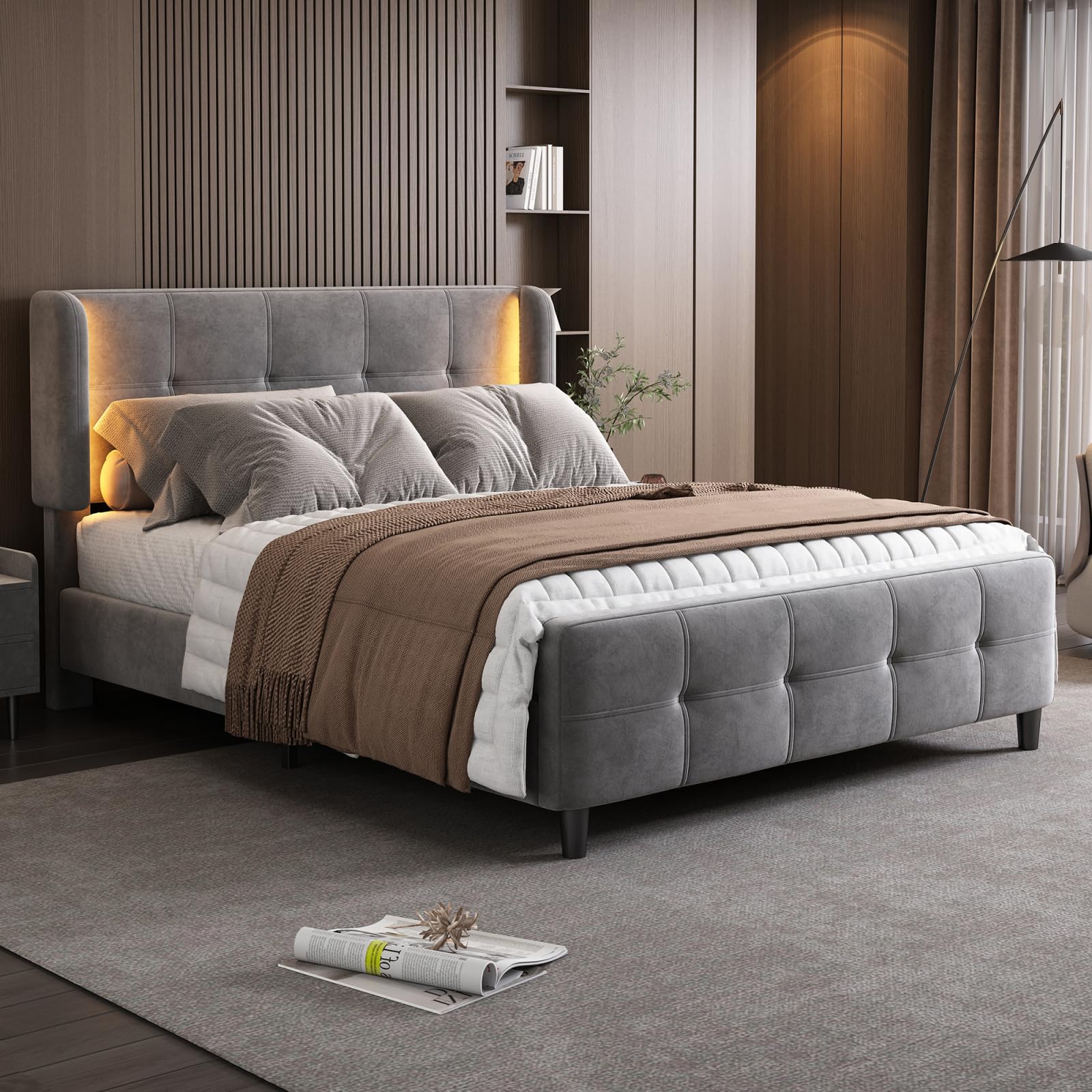 Letto imbottito 140 x 200 cm – letto matrimoniale con barra LED a 16 colori e testa regolabile, letto a molle con rete a doghe, letto per ragazzi grigio velluto (senza materasso)
