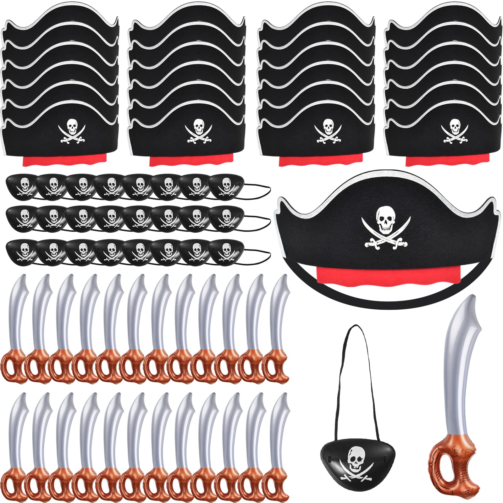 ZeeDix 72 Pcs Pirate Accessories for Kids, Include 24 Pirates Hats, 24 Eye Patches and 24 Swords, Pirate Party Decorations for Christmas, Halloween, Masquerade, Cosplay, Birthday