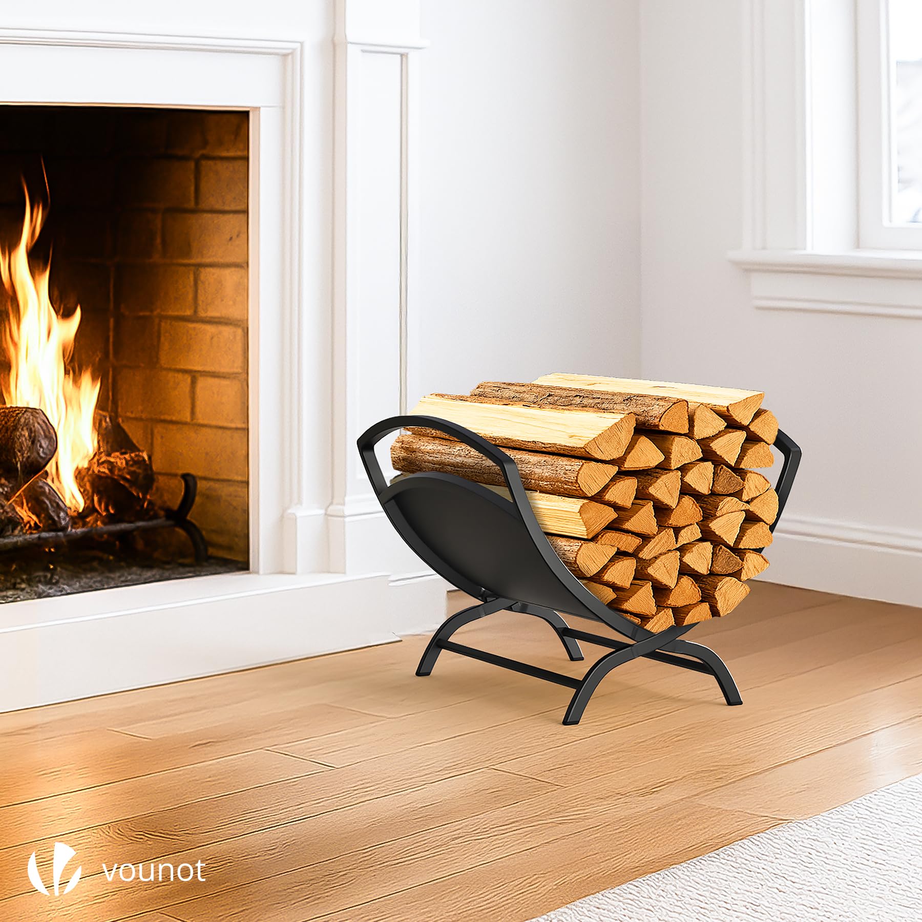 VOUNOT® Kaminholzregal Metall, X-förmiges Brennholzregal mit stabilem Sockel und Griff, Kaminholzständer für Kamin & Ofen, Feuerholzregal Innen und Aussen, 40,5 x 32 x 33 cm, Schwarz