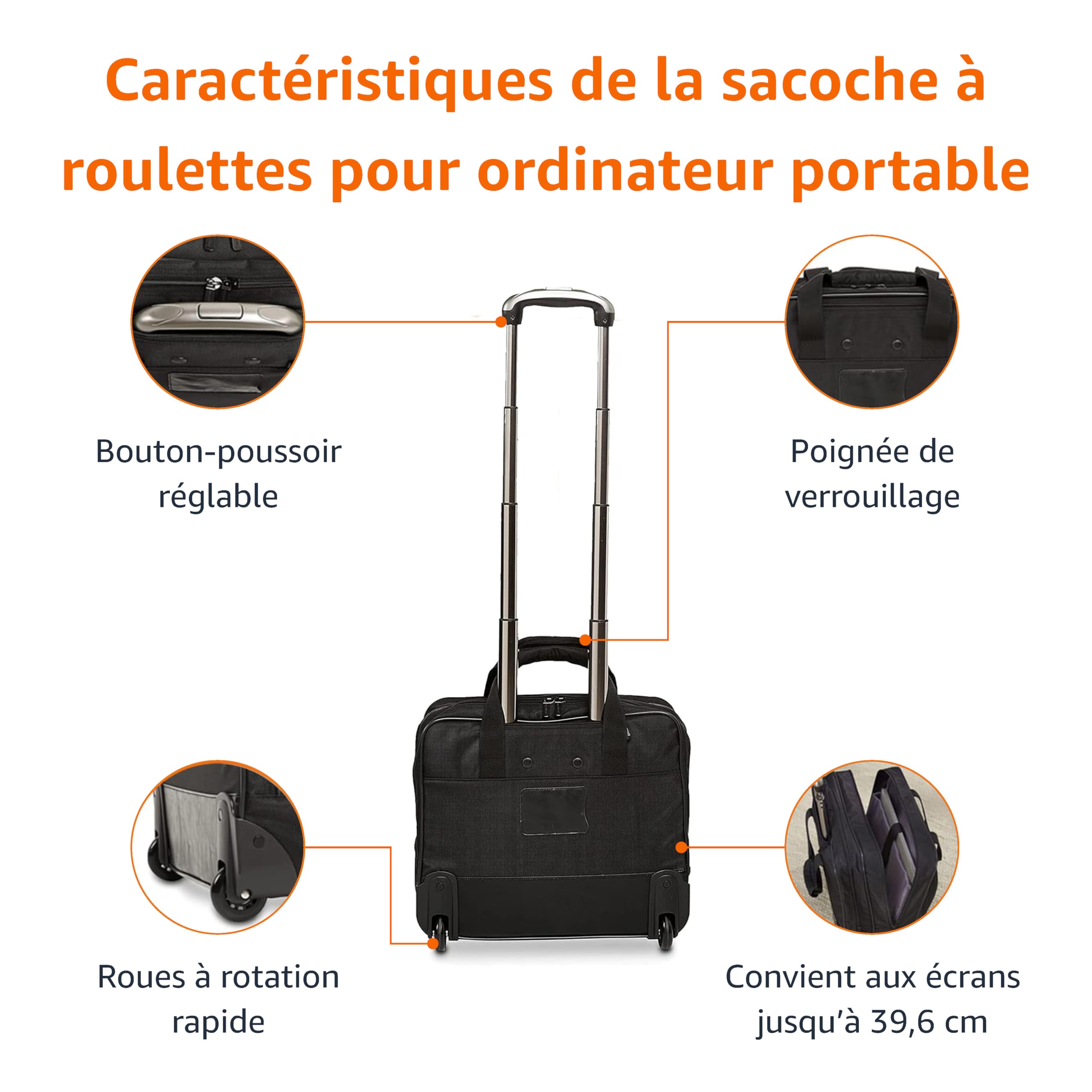 Amazon Basics Sacoche à roulettes pour Ordinateur Portable - avec roulement Rapide et Poche Avant Facile d’accès - Compatible avec Ordinateurs Portables de 15,6 Pouces (39,6 cm), Noir