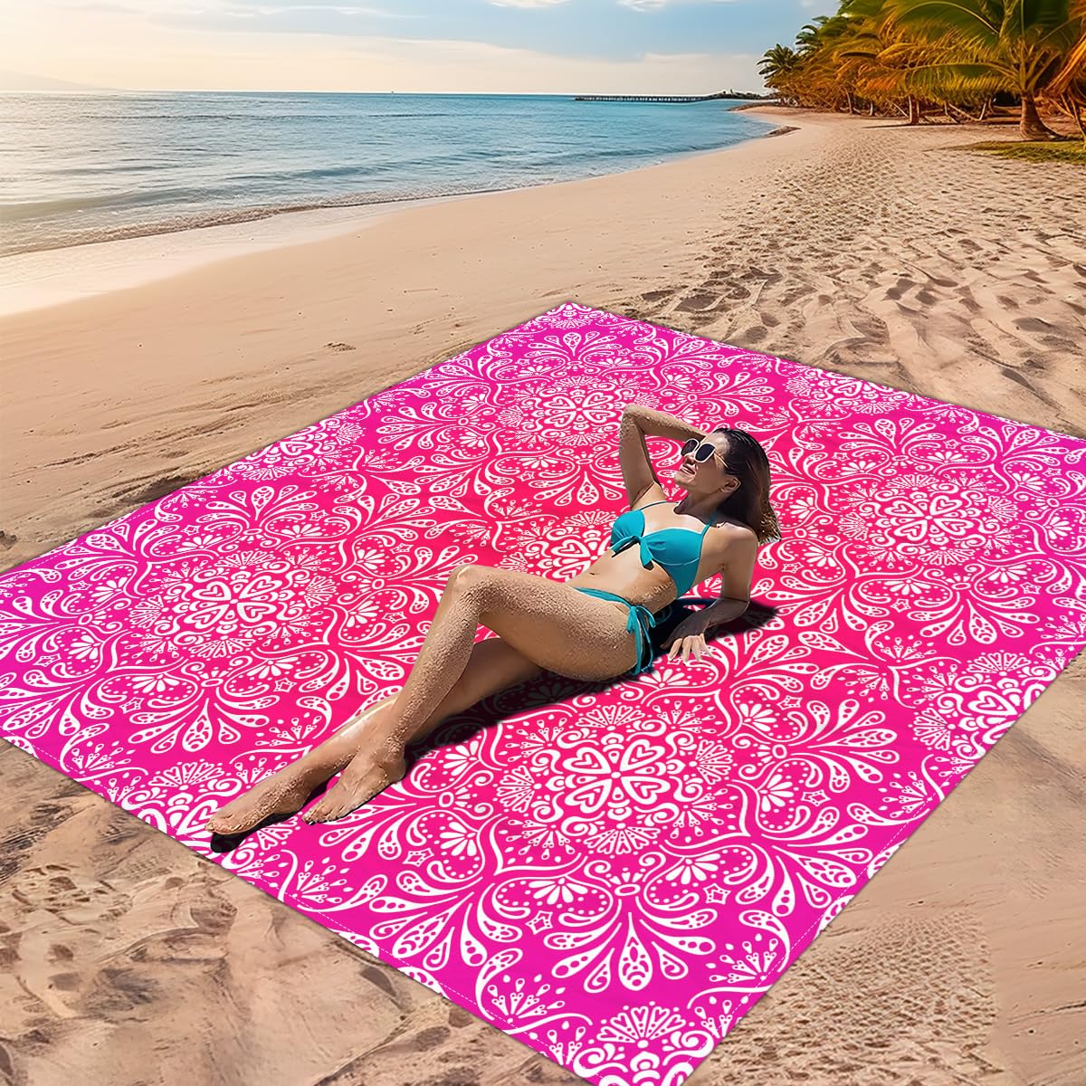 DOTBUY-SHOP Large Beach Blanket, 3D Mandala Waterproof Picnic Blanket Portable Foldable Tent Carpet, Beach Mat with 4 Stakes Sandproof Camping Blanket for Outdoors (Dark Pink,200x200cm)