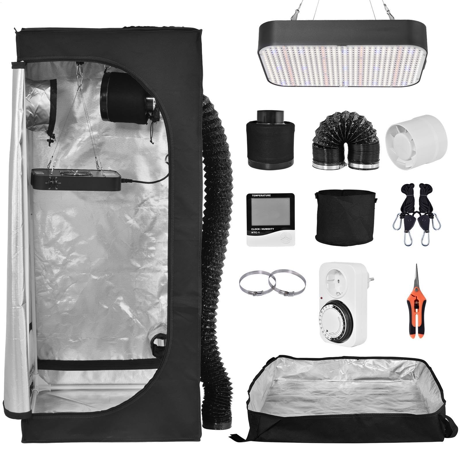 Conjunto De Cultivo Completo, Sistemas De Cultivo Hidropónico, Con Lámpara De Cultivo De Espectro Completo LED, 60x60x140 Cm, Con Ventilador, Filtro De Carbono Activado Por Aire De Escape